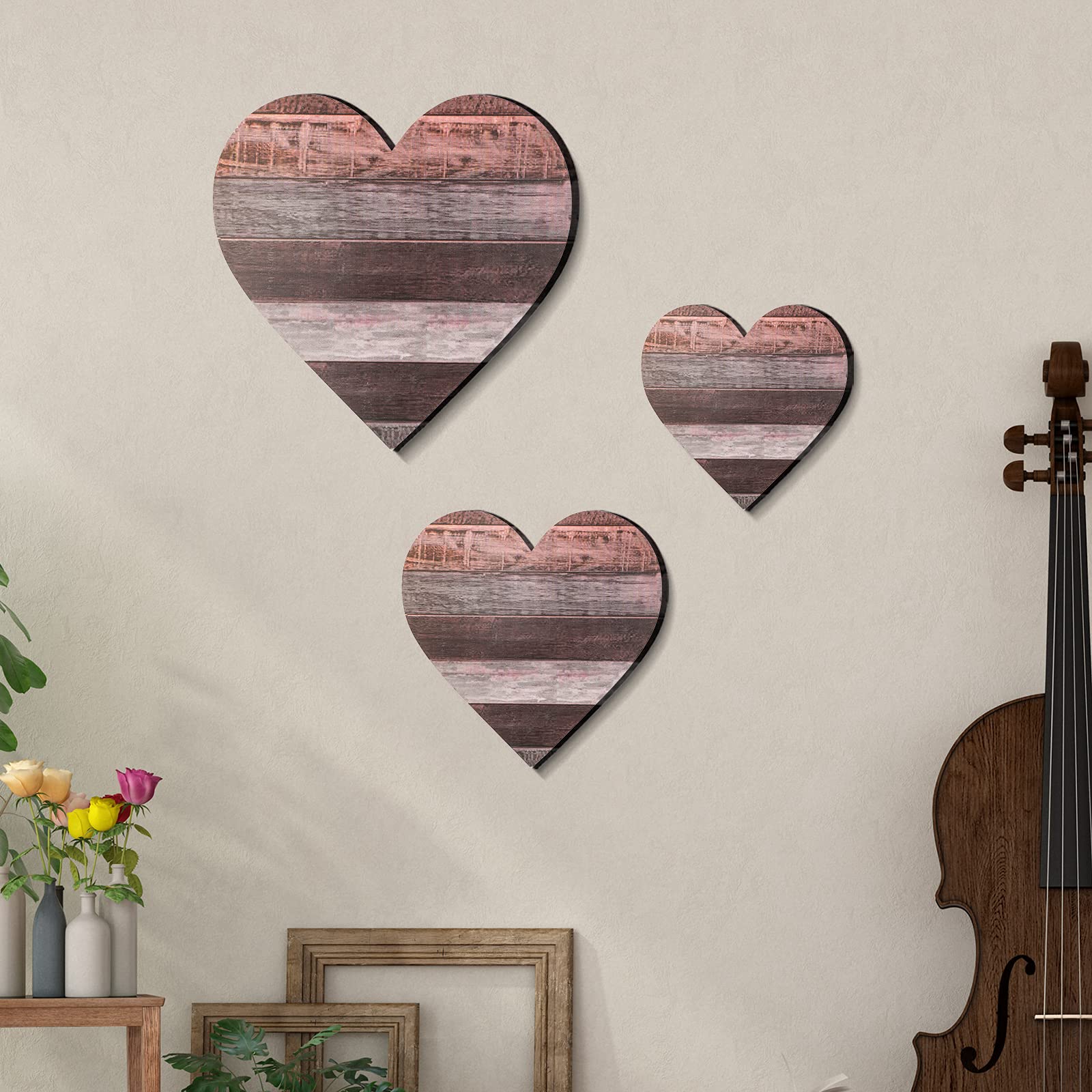 Jetec 3 Pieces Heart Shaped Wood Sign Heart-Shaped Wooden Wall Sign Wood Heart Wall Decor Rustic Hanging Sign Wooden Heart Plaque for Home Farmhouse Living Room Bedroom (Classic Color)