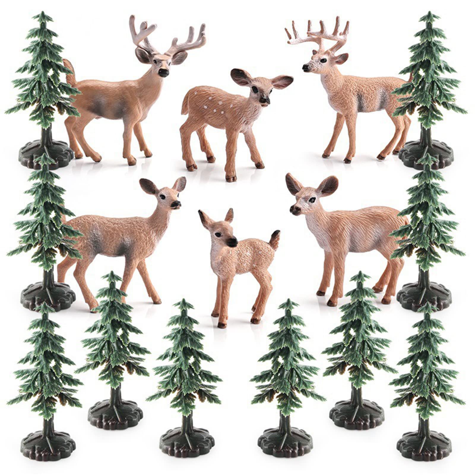 16PCS Deer Figurines Model Trees Kit, Plastic Woodland Animals Toys, Miniature Wild Forest Animal Figures for Christmas Decoration Cake Toppers Party Favors