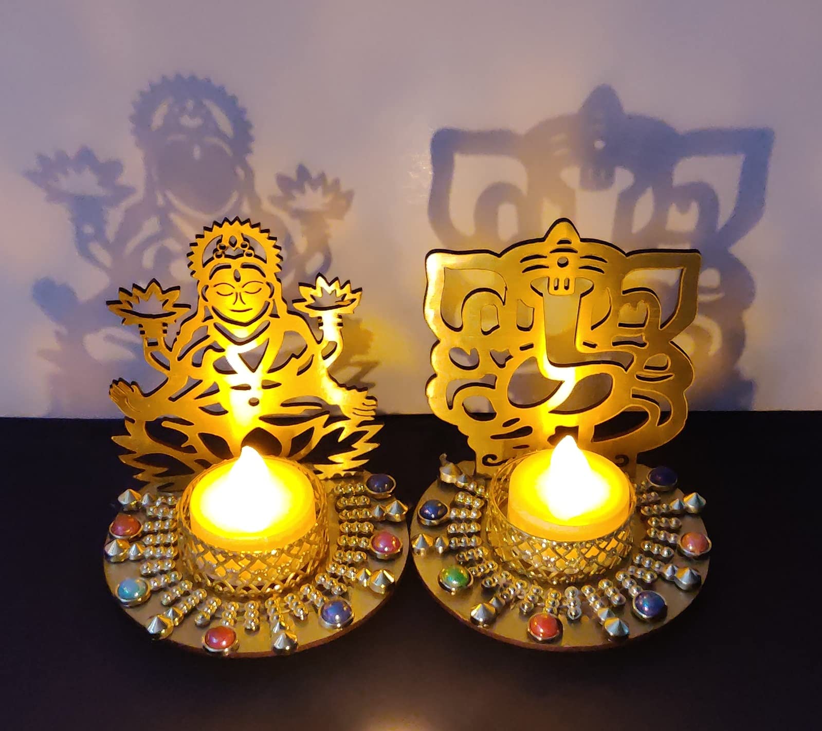 SAU RANG Shadow Laxmiji Ganesh ji Idol Tea Light Holder Set (1Pair) MDF