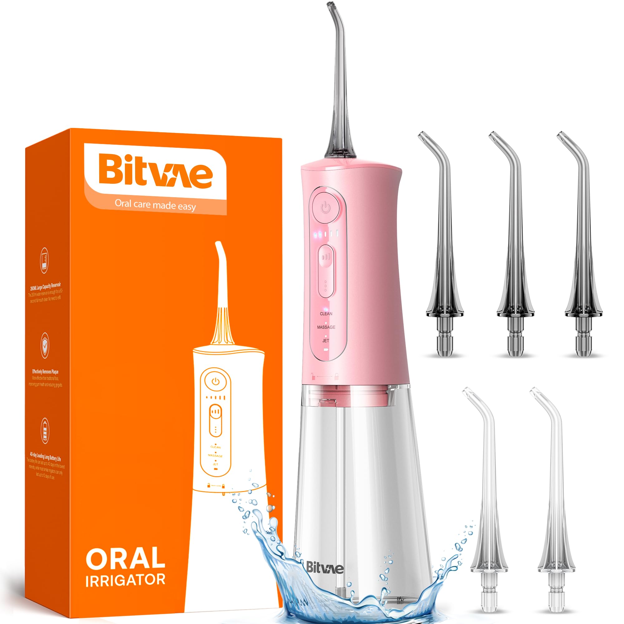 Bitvae Water Dental Flosser Teeth Picks, Cordless Portable Oral Irrigator, Powerful and Rechargeable Oral Irrigator, Brace Care, IPX7 Waterproof Water Dental Picks for Cleaning, Quartz Pink