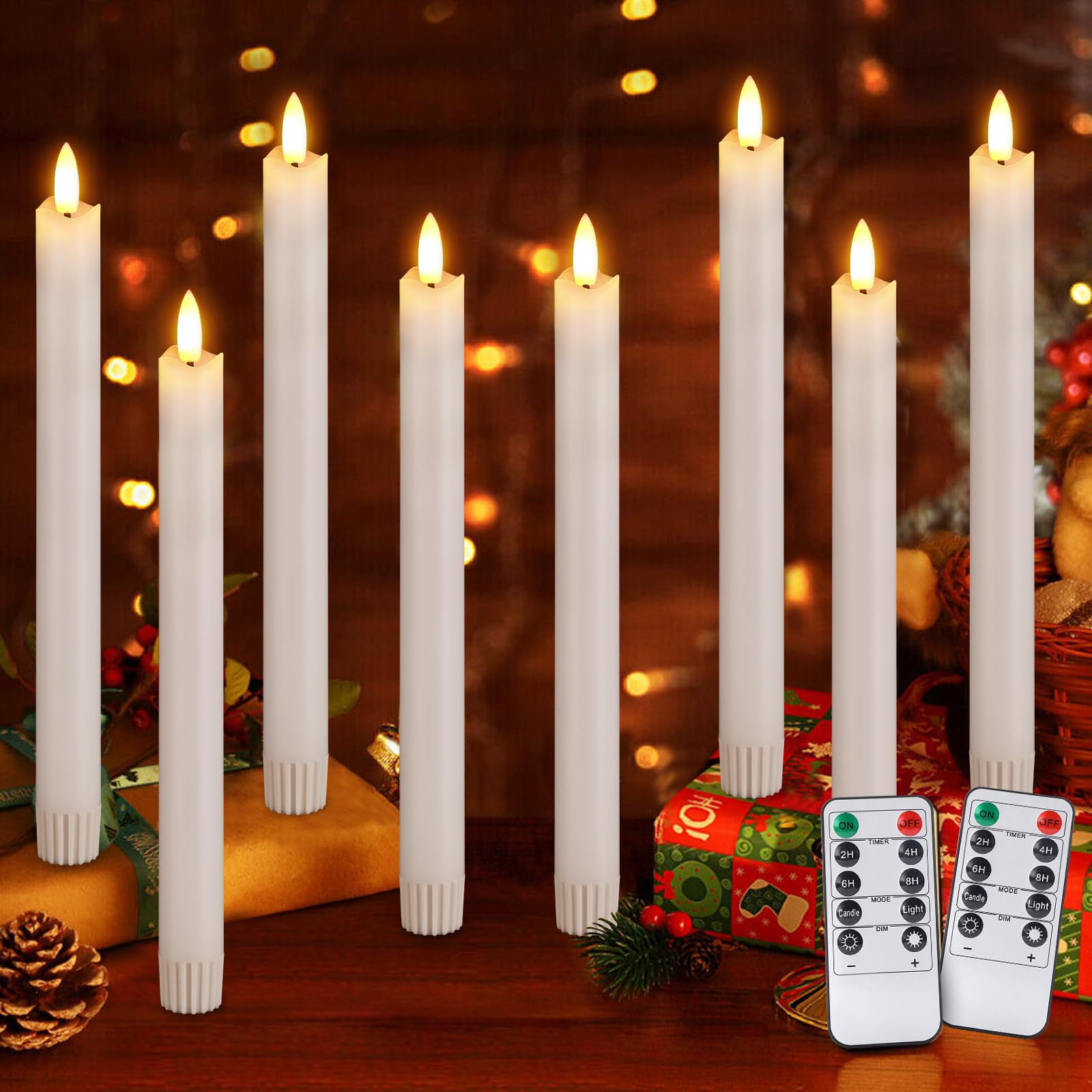 Flameless Candles with Remote: 8 Pack Battery Operated Window Candles 9.6" Real Wax LED Flickering Flameless Taper Candles 3D Wick Lights Halloween Christmas Wedding Birthday Party Decorations (White)