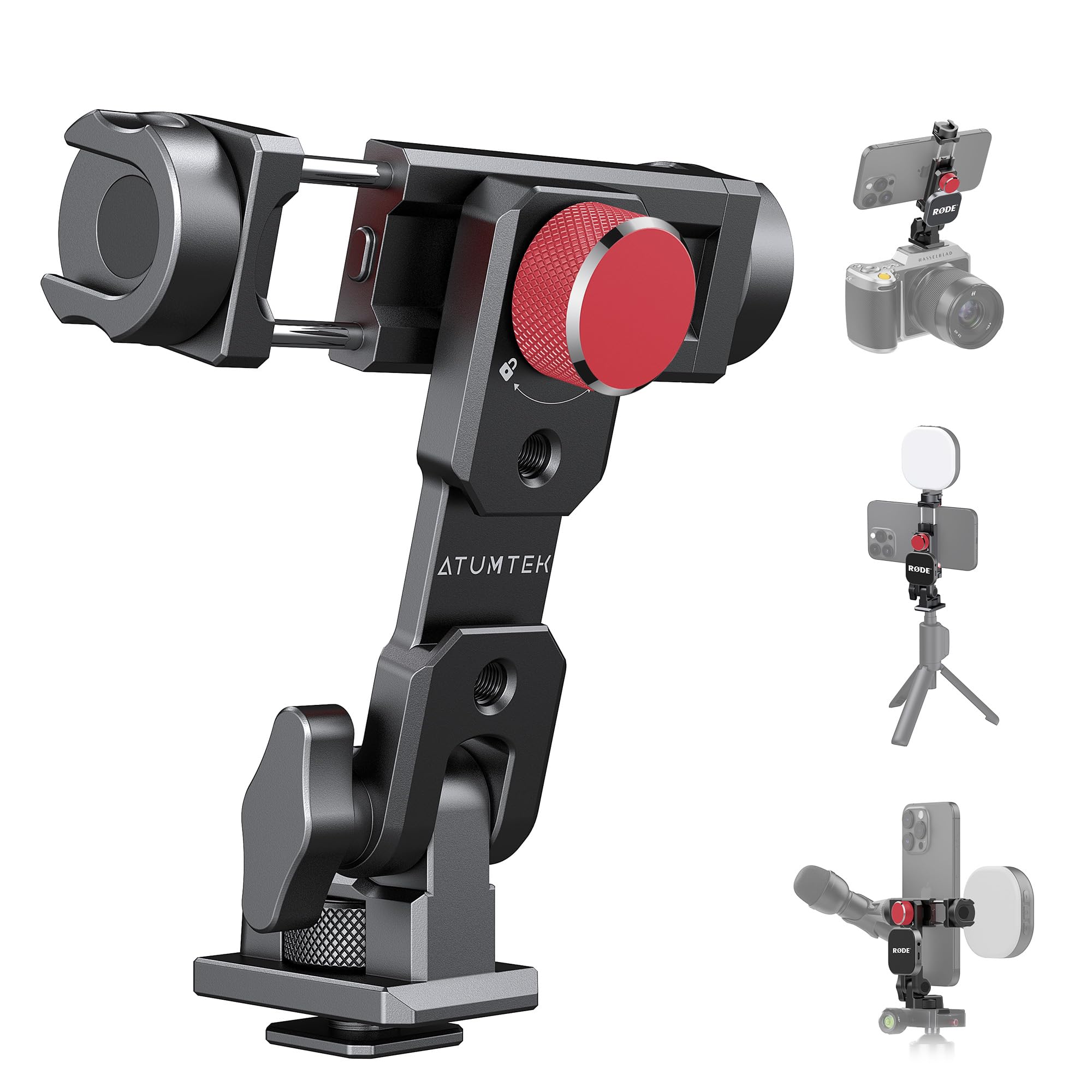 ATUMTEKMetal Smartphone Tripod Adapter, Tripod Phone Holder with 3 Cold Pads and Arca Port, 360° Rotation and Tilt Angle, Easy to Mount on Tripod, Camera, Headset