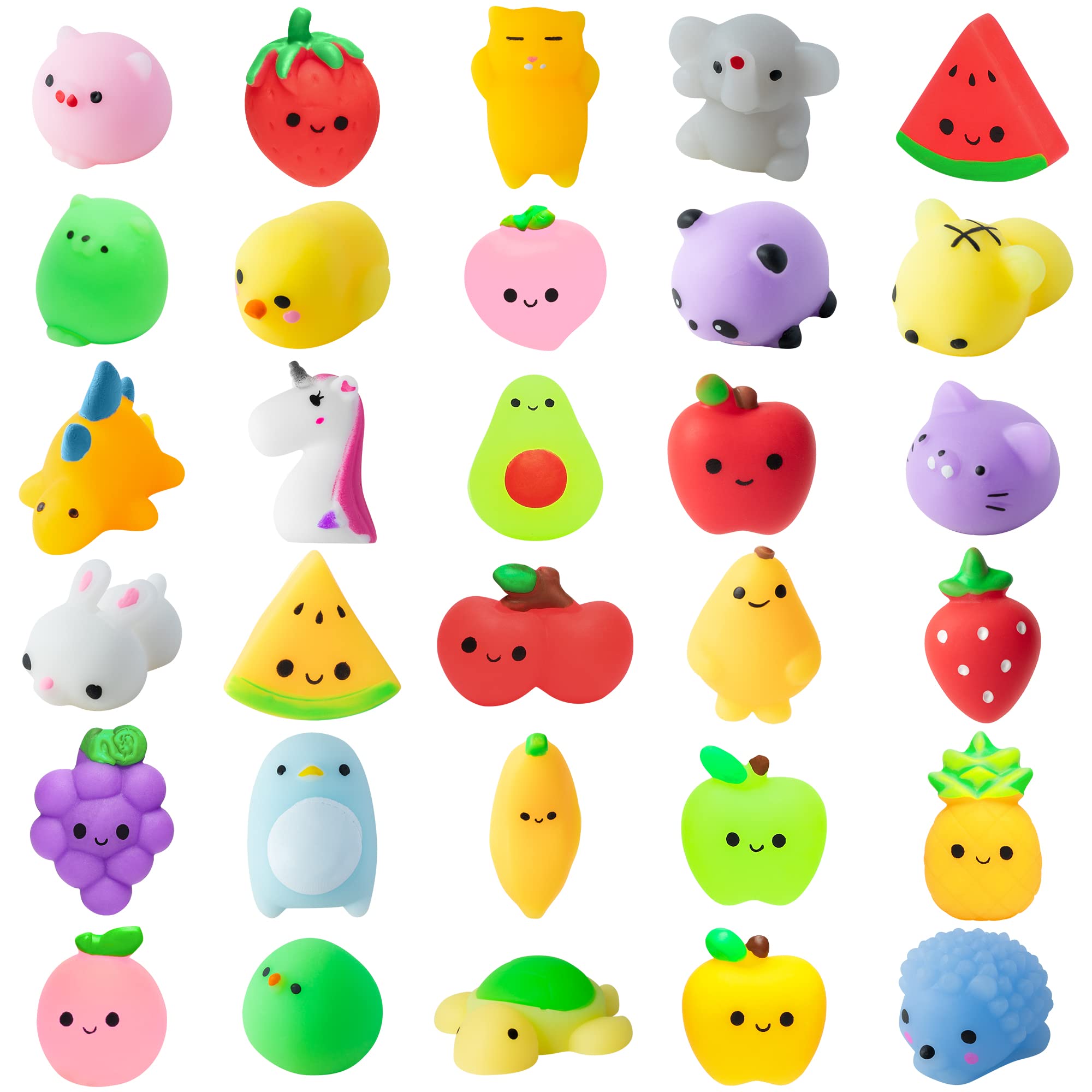 MALLMALL6 30Pcs Mochi Squeeze Toys for Kids Party Decorations Favors Stress Relief Birthday Gift Treat Goodie Bags Random Fruit and Animals Shape Kawaii Mini Toys Classroom Prize for Boys Girls