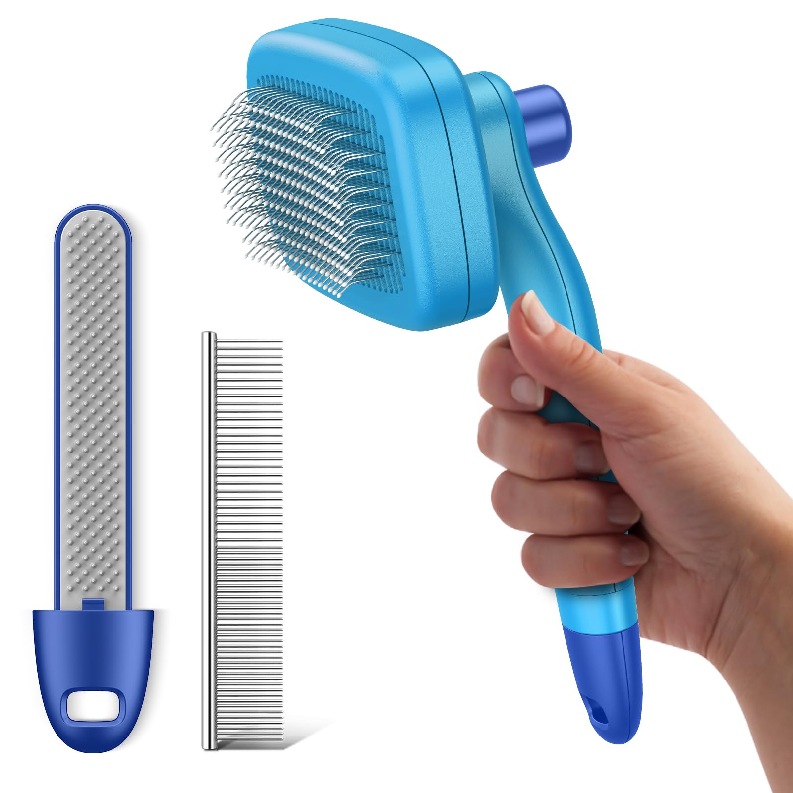 Dog Self Cleaning Slicker Brush - Retractable Wire Bristles for Shedding Short & Long Haired Dogs & Cats - Grooming Tool with Hair Remover - Removes Loose Fur, Undercoat, Tangles - Free Pet Comb