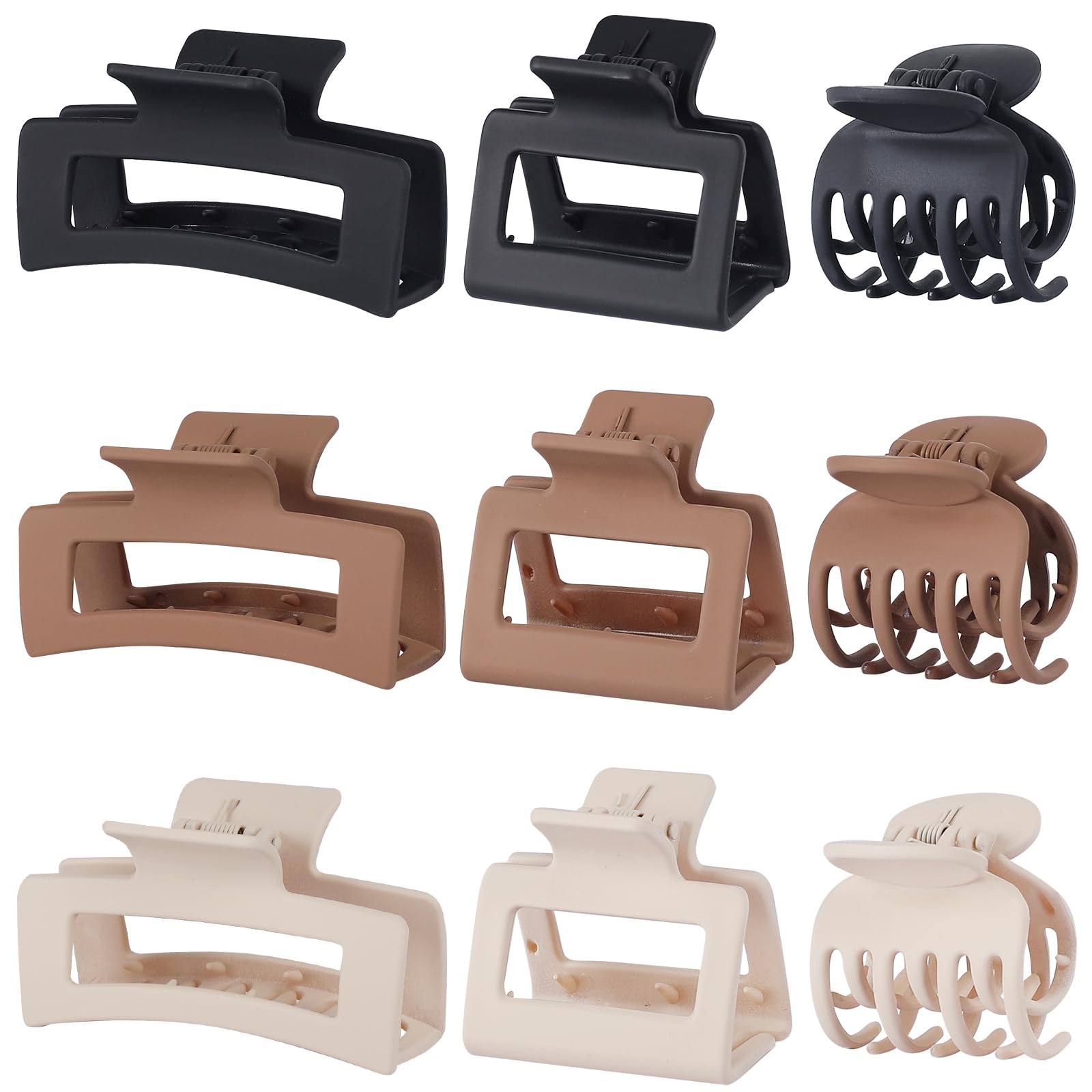 Medium Claw Hair Clips Set for Women - 3 Styles, 9 pcs Rectangle Clips for Thick Hair, Square Clips for Thin Hair - Brown