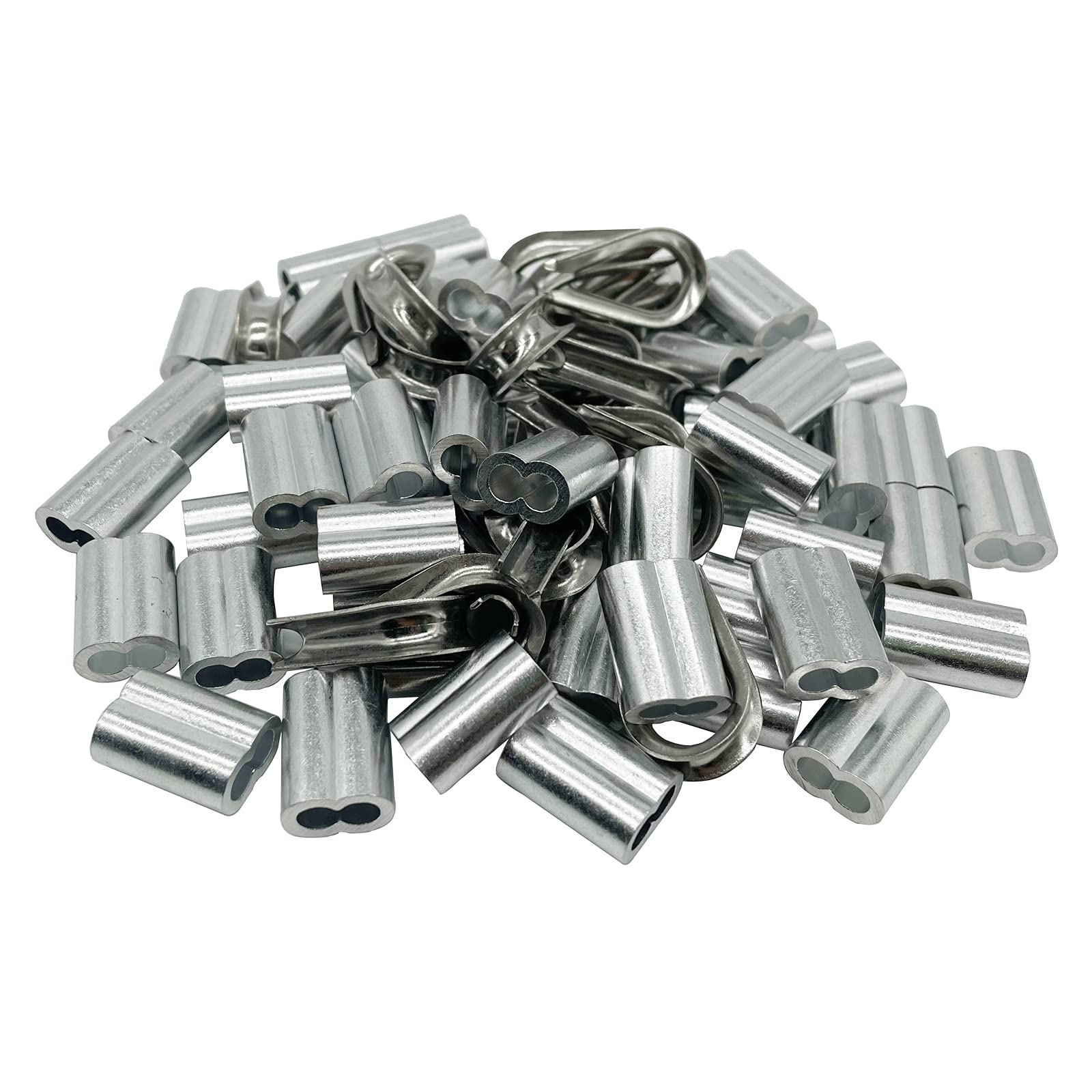 NITOO 1/16 Cable Ferrule 200PCS with M2 Stainless Steel Thimble20PCS, Aluminum Crimping Loop Sleeve for Wire Rope