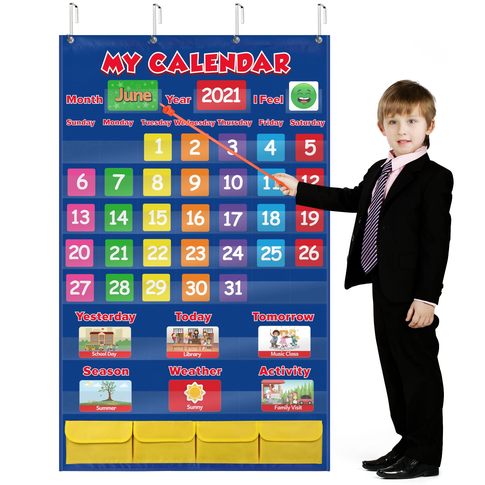 Classroom Calendar Pocket Chart, School Calendar for Kids Learning for Home Homeschool Teacher Supplies for Classroom Elementary Back to School Supplies (Blue)