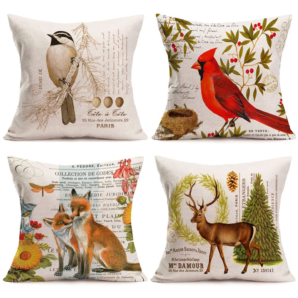 Qinqingo Set of 4 Farmhouse Throw Pillow Cover Vintage Adorable Christmas Animals Pillow Cover Sparrow Cardinal Fox Deer Christmas Decoration Pillow Case Xmas Gift for Sofa Couch, 18x18 Inch (VFA)