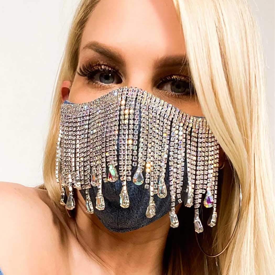 Woeoe Bling Rhinestone Face Mask Black Crystal Tassel Mask Masquerade Ball Party Halloween Nightclub Jewelry for Women and Girls