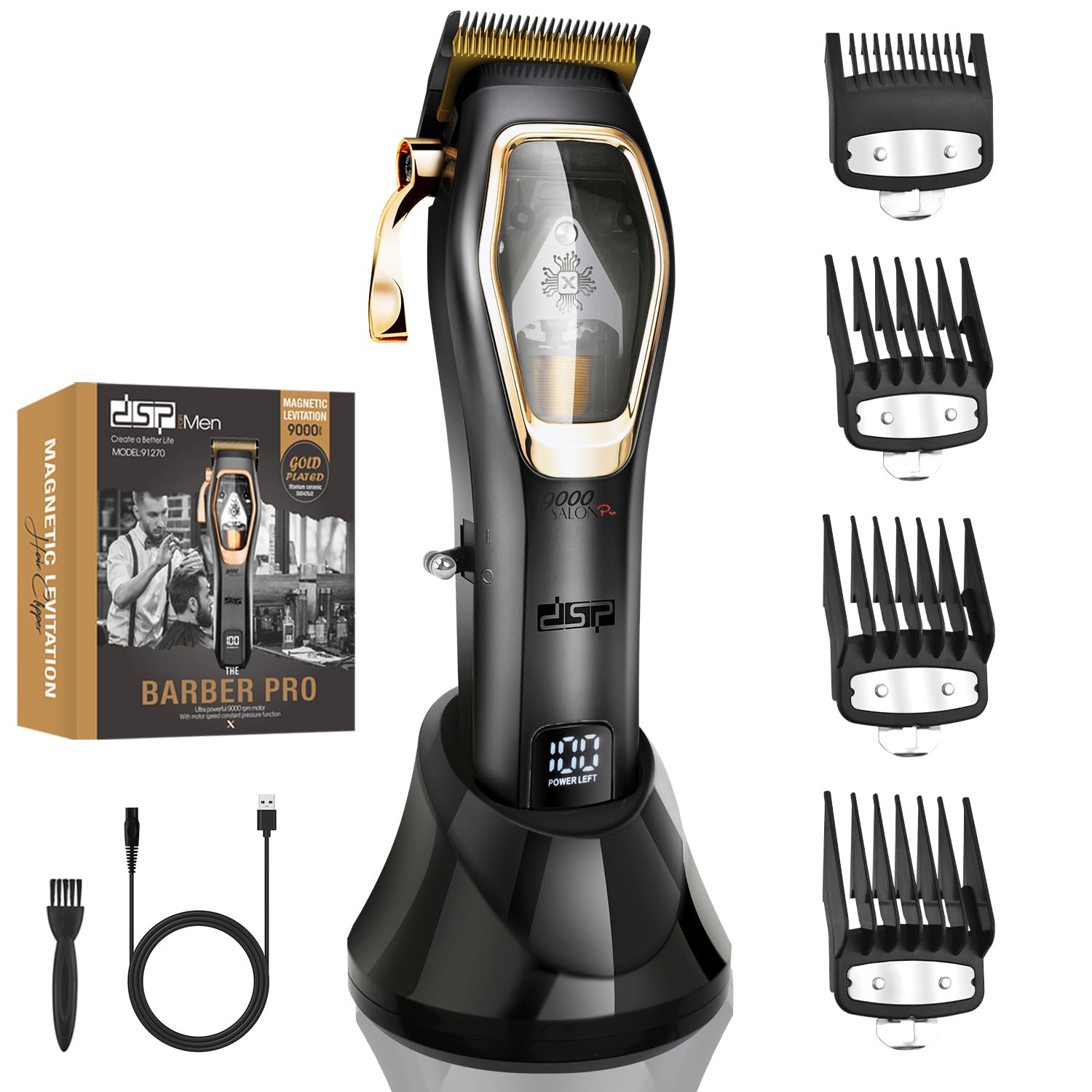 DSPPro Barber Hair Clippers Set: Cordless Magnetic 9000 RPM, Constant Speed Control for Smooth Cutting. Ceramic Blades, 2500mAh Battery, Low Noise & Heat - Ideal for Men's Grooming & Fades (Black)