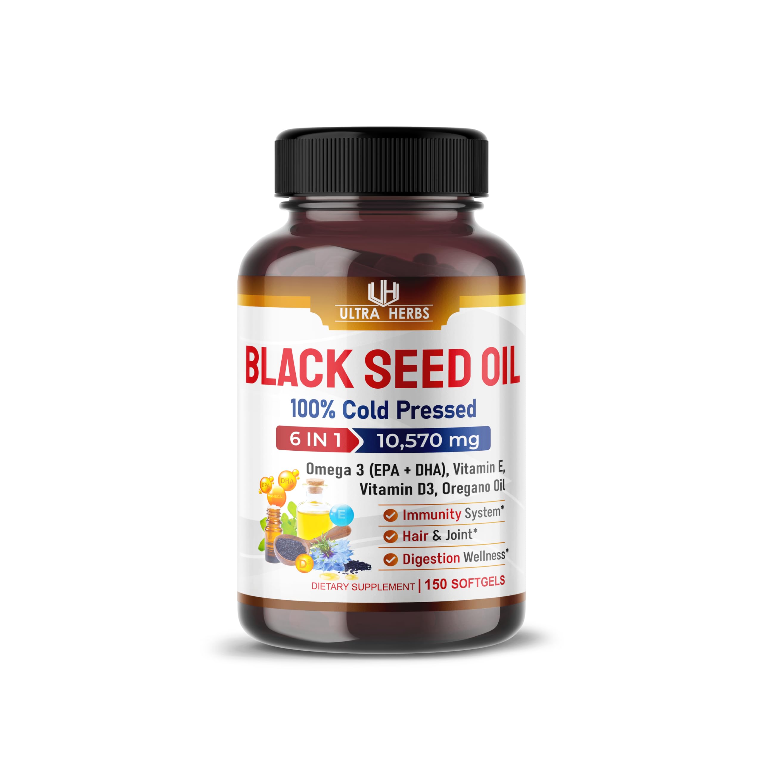 Premium Black Seed Oil 10,570mg - 150 Softgels (150-day Supply) with Omega 3, Vitamin E, and Vitamin D3 for Immunity, Skin, Overall Wellness (150 Count (Pack of 1))