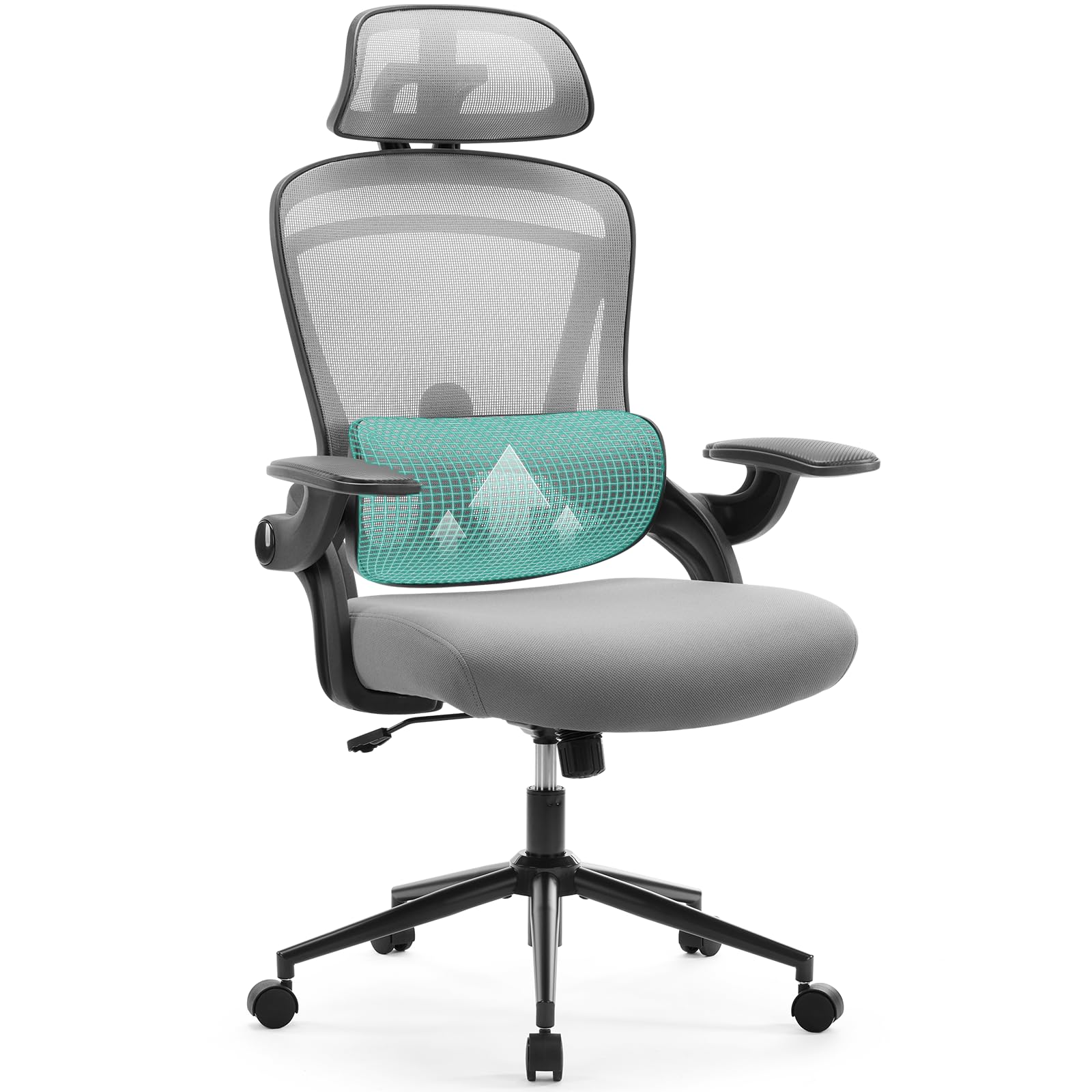 Ergonomic Mesh Office Chair, High Back Desk Chair with 2D Headrest, Up&Down Lumbar Support, Swivel Computer Task Chair with Adjustable Flip-up Armrests,Grey