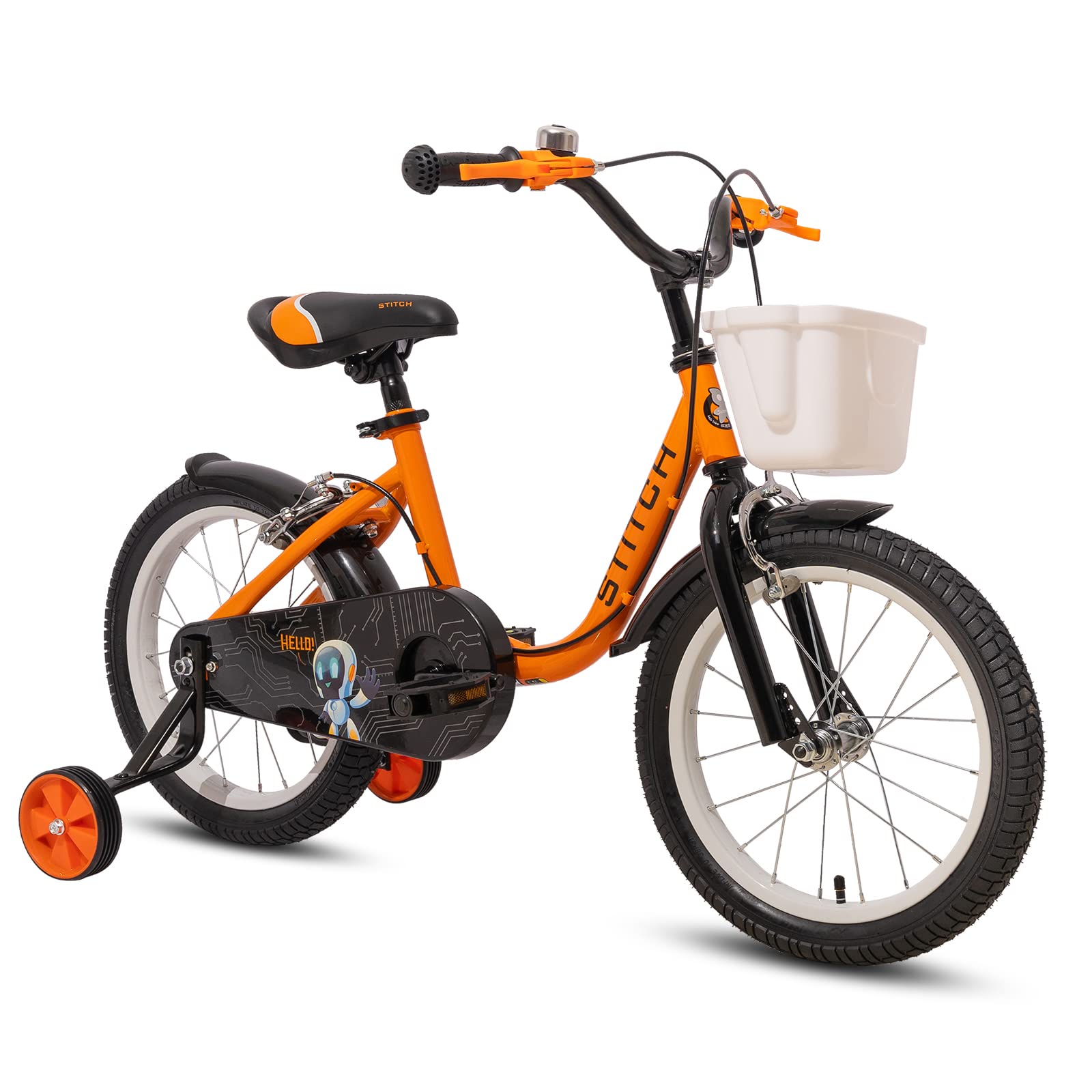 STITCH Robot 12 inch Kids Bike, Children Bike for 2 3 4 Year Boys Girls Biycle with Stabilisers & Basket Orange