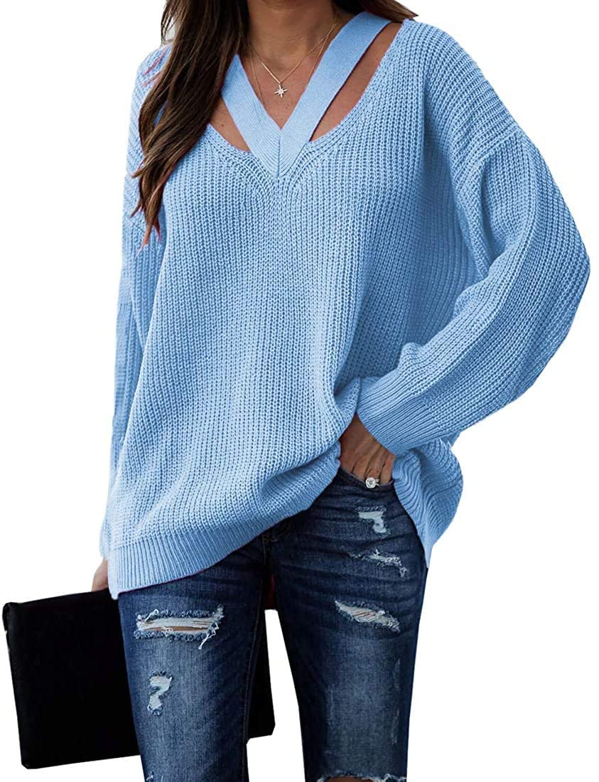 Cicy BellWomen's V Neck Sweaters Hollow Out Long Sleeve Casual Knit Pullover Jumper Tops