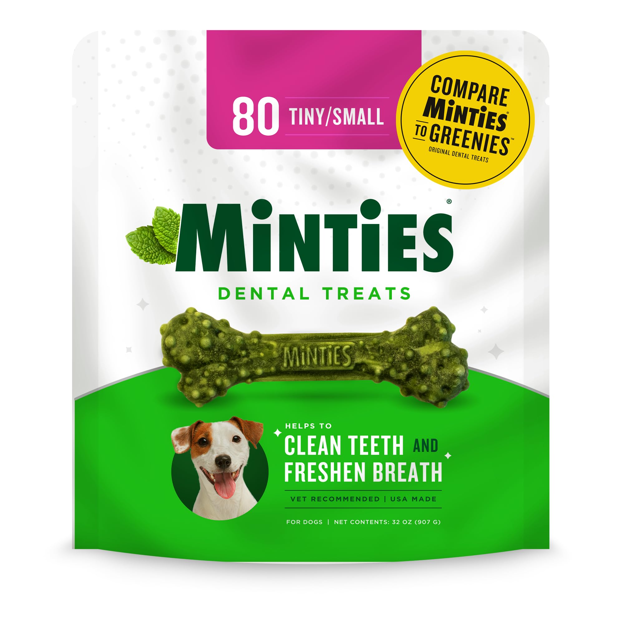 Minties Dental Chews for Dogs, 80 Count, Vet-Recommended Mint-Flavored Dental Treats for Tiny/Small Dogs 5-24 lbs, Dental Bones Clean Teeth, Fight Bad Breath, and Removes Plaque and Tartar