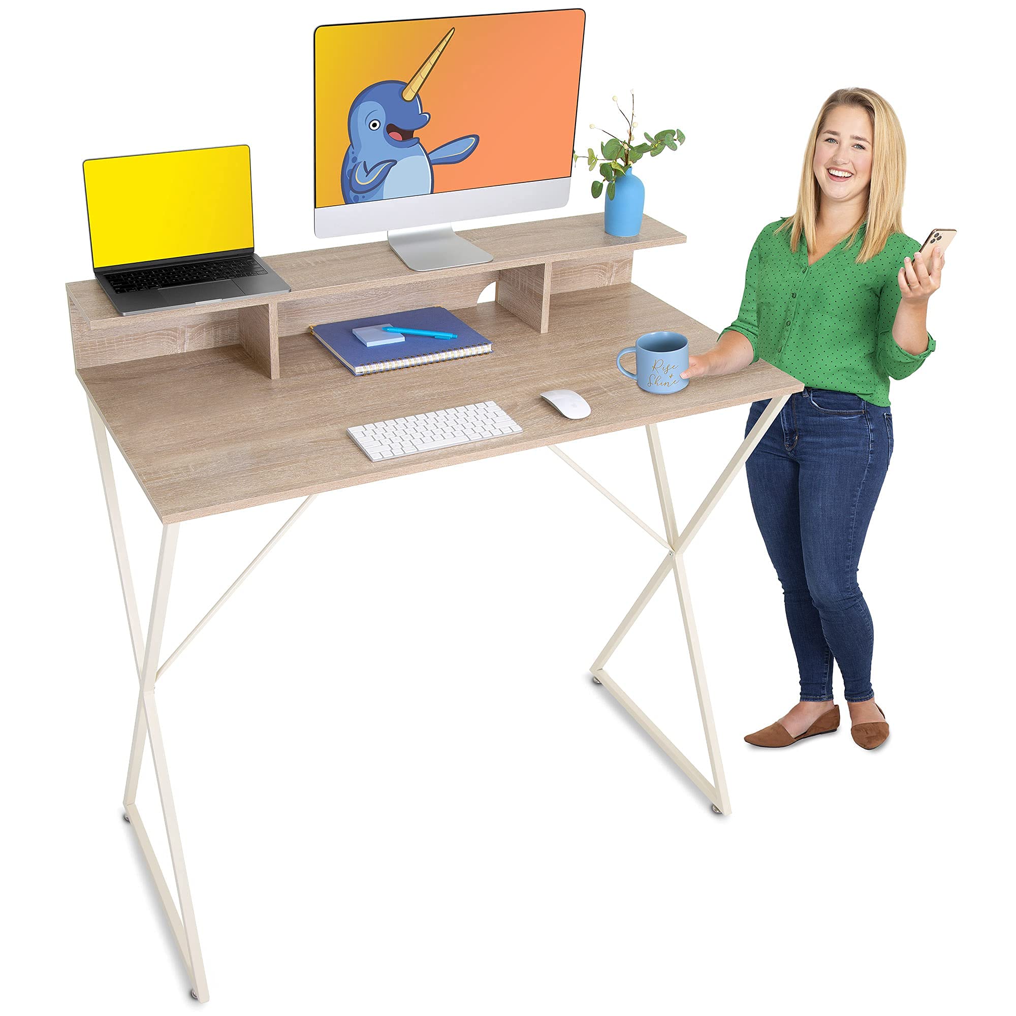 Stand SteadyJoy Desk | Modern Stand Up Workstation with Storage Cubbies | Pretty Standing Desk with Large Desktop | Multifunctional Table for Home & Office (Maple / 48 x 42)