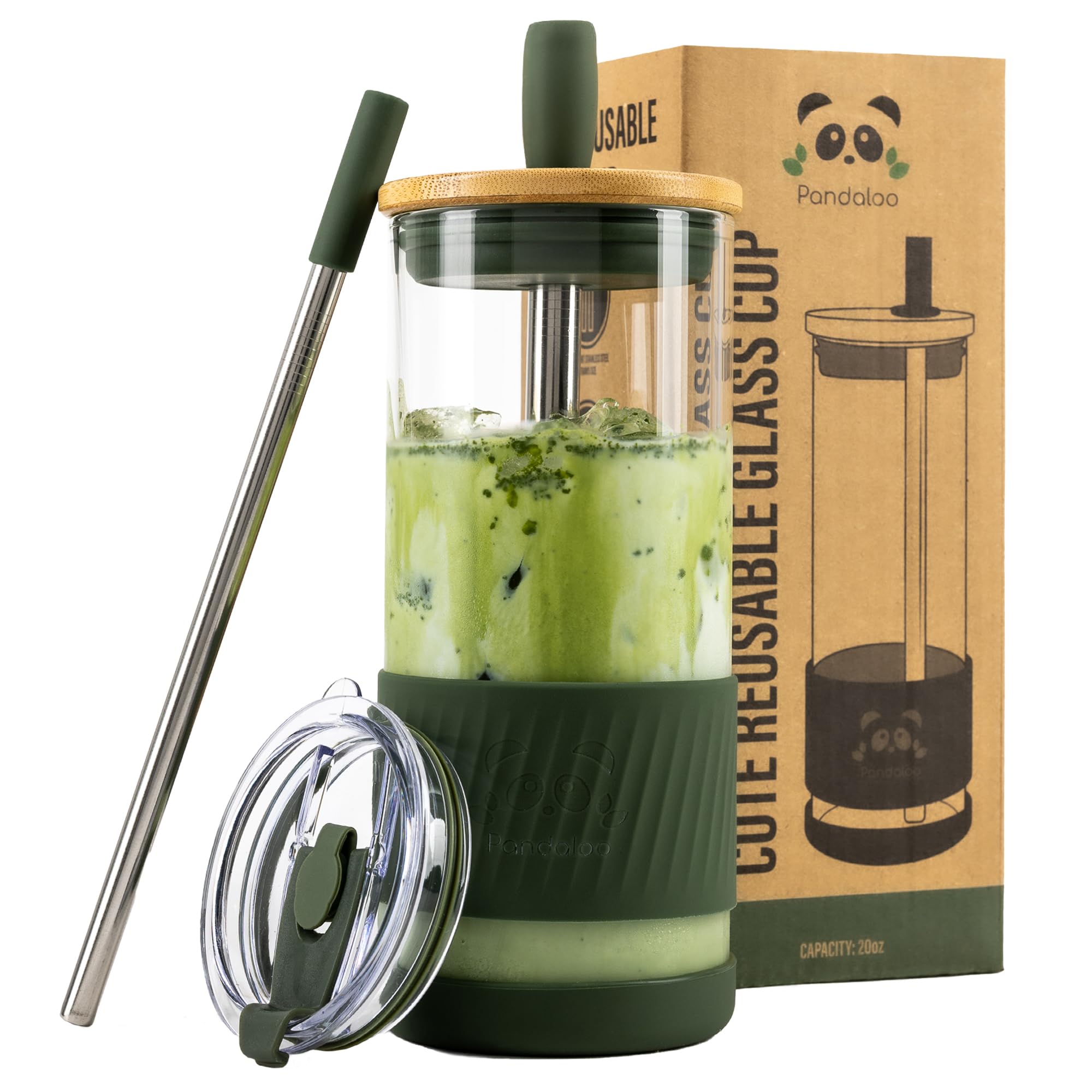 Pandaloo® Glass Cups With Lids and Straws -20 Fl Oz- Perfect Size Iced Coffee Cup - Smoothie Cup With Bamboo Lid and On the go Lid - Glass Tumbler With Straw (1 Count (Pack of 1), Mediterranean Olive)