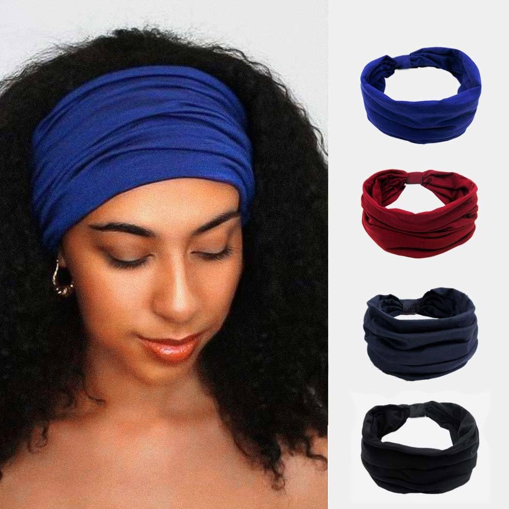 Woeoe African Headbands Knotted Hairbands Black Yoga Sport Head Wraps Wide Elastic Head Scarf for Women and Girls (Pack of 4)