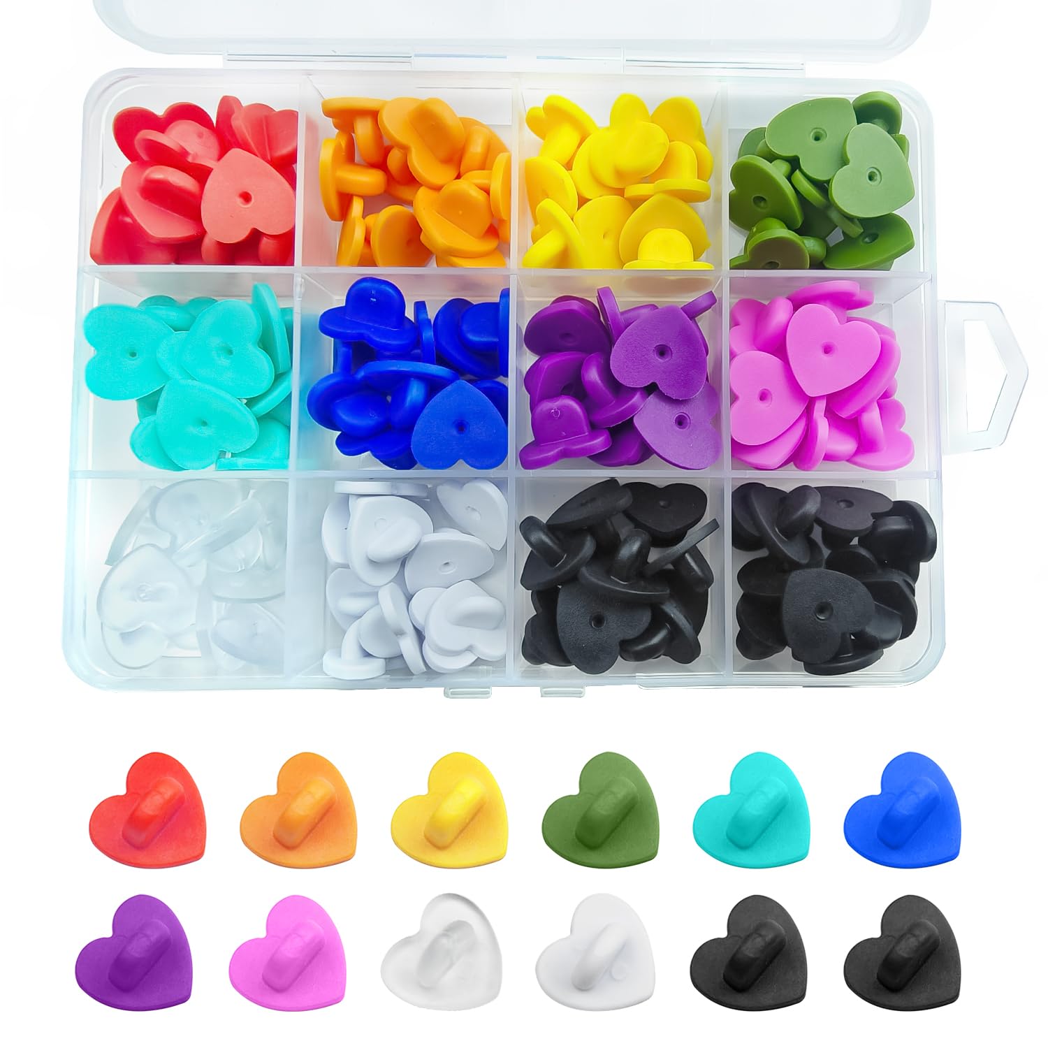 120Pcs Multicolor Heart Shape Rubber Pin Backs Locking with Storage Case