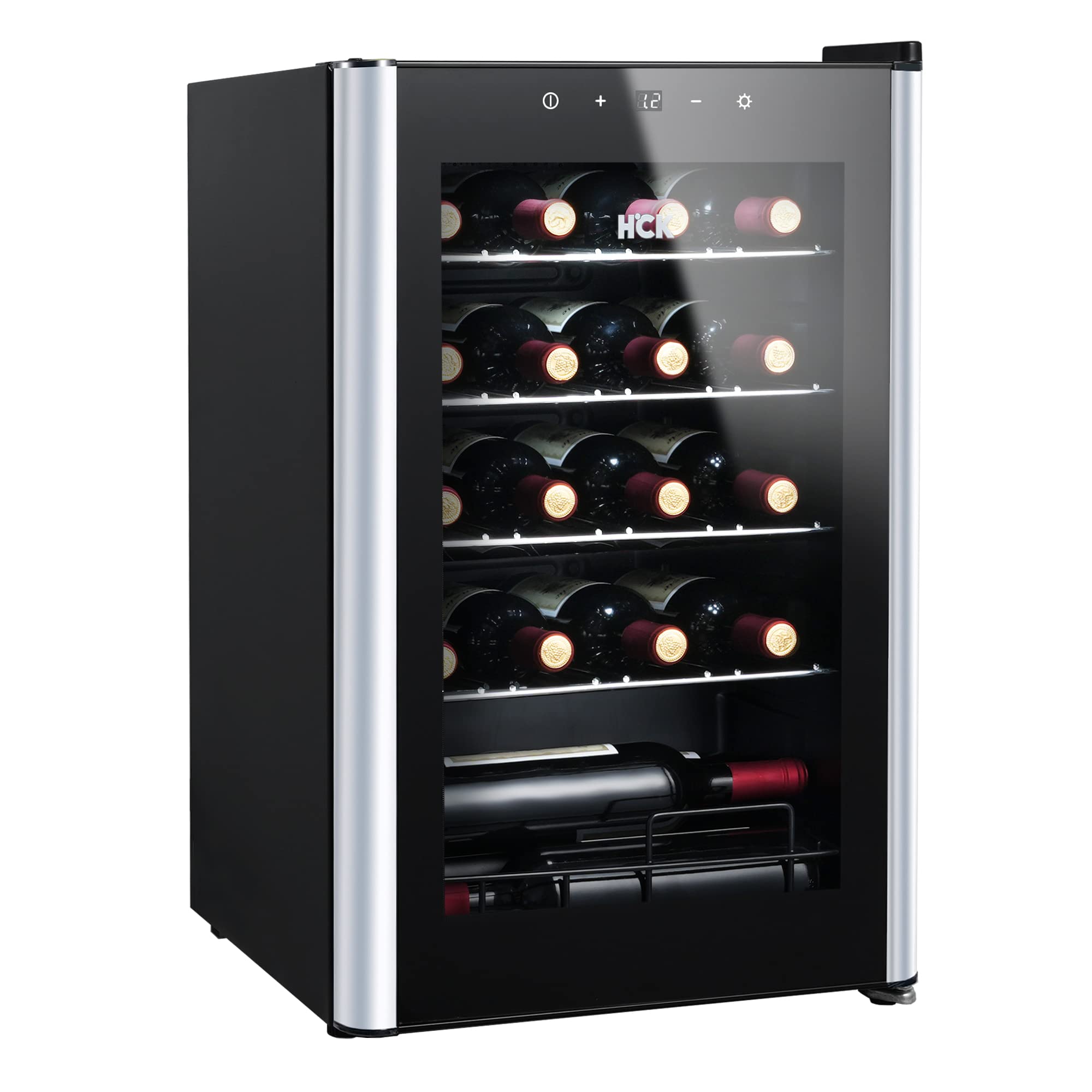 HCK 70L Wine Cooler with Glass Door 24 Bottles, Freestanding Undercounter Fridge, Quiet Wine Fridges Drinks Cabinet, 4-22°C Temperature Control with Digital Touch Screen, Single Zone, Black [Energy Class G]