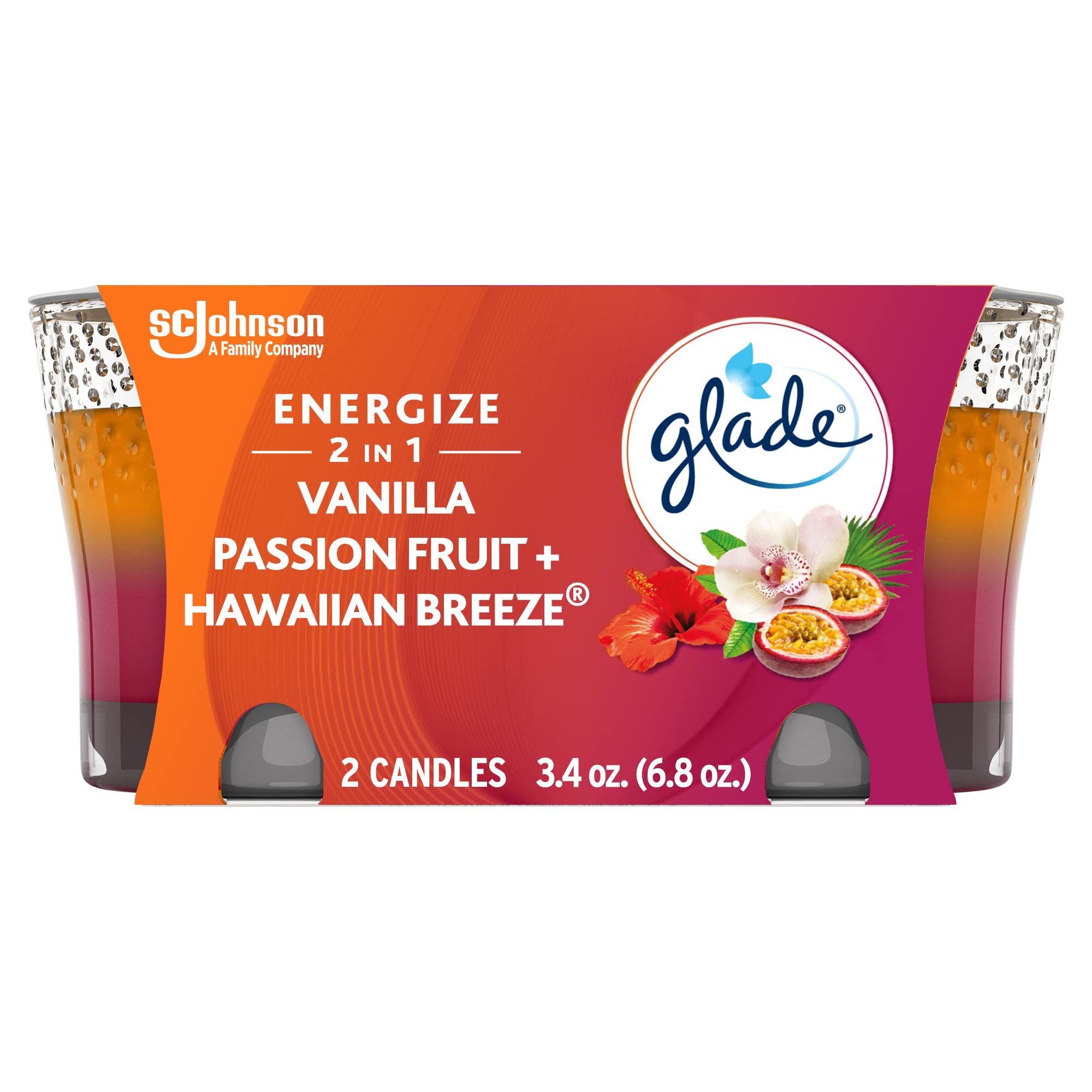 Glade Candle Jar, Air Freshener, 2in1, Hawaiian Breeze & Vanilla Passion Fruit, 3.4 Oz, 2 Count