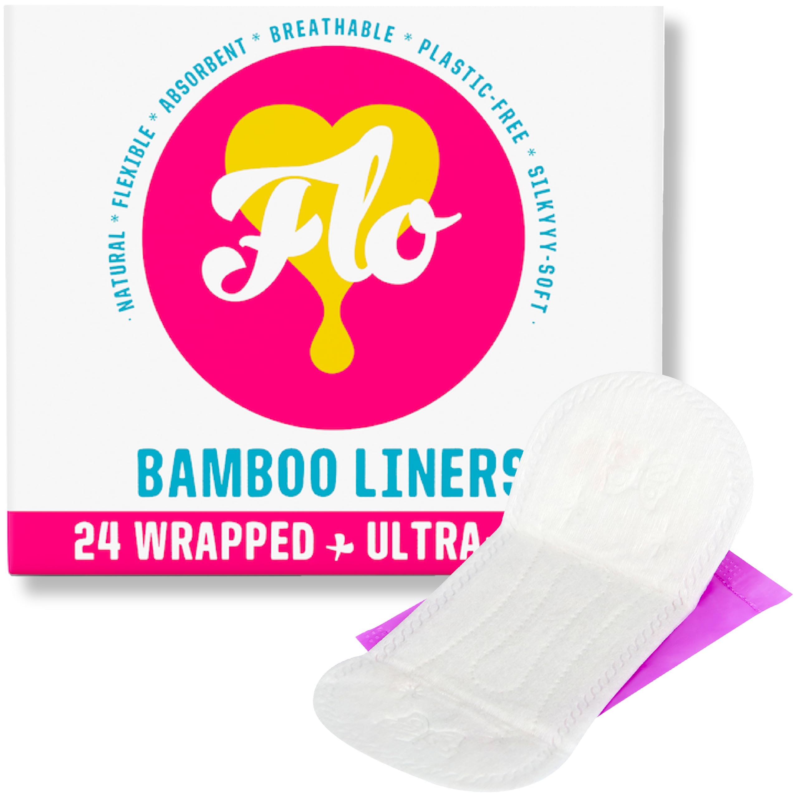 FLO Organic Bamboo Panty Liners for Women - Leak-Proof, Highly-Absorbent, Slim & Biodegradable - Individually Wrapped - 24 Pack