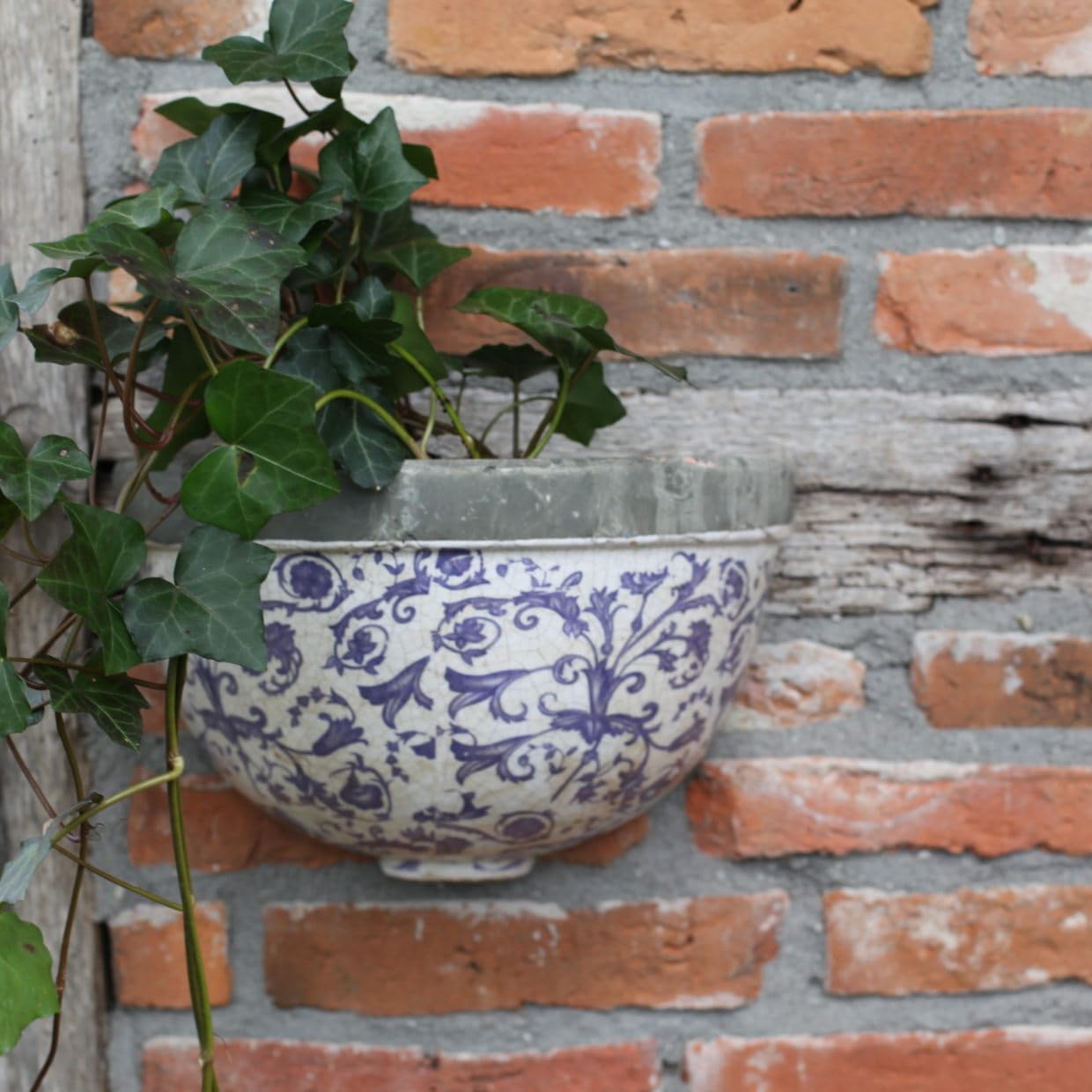 Aged Ceramic Blue & White Garden Flower Wall Planter by Fallen Fruits