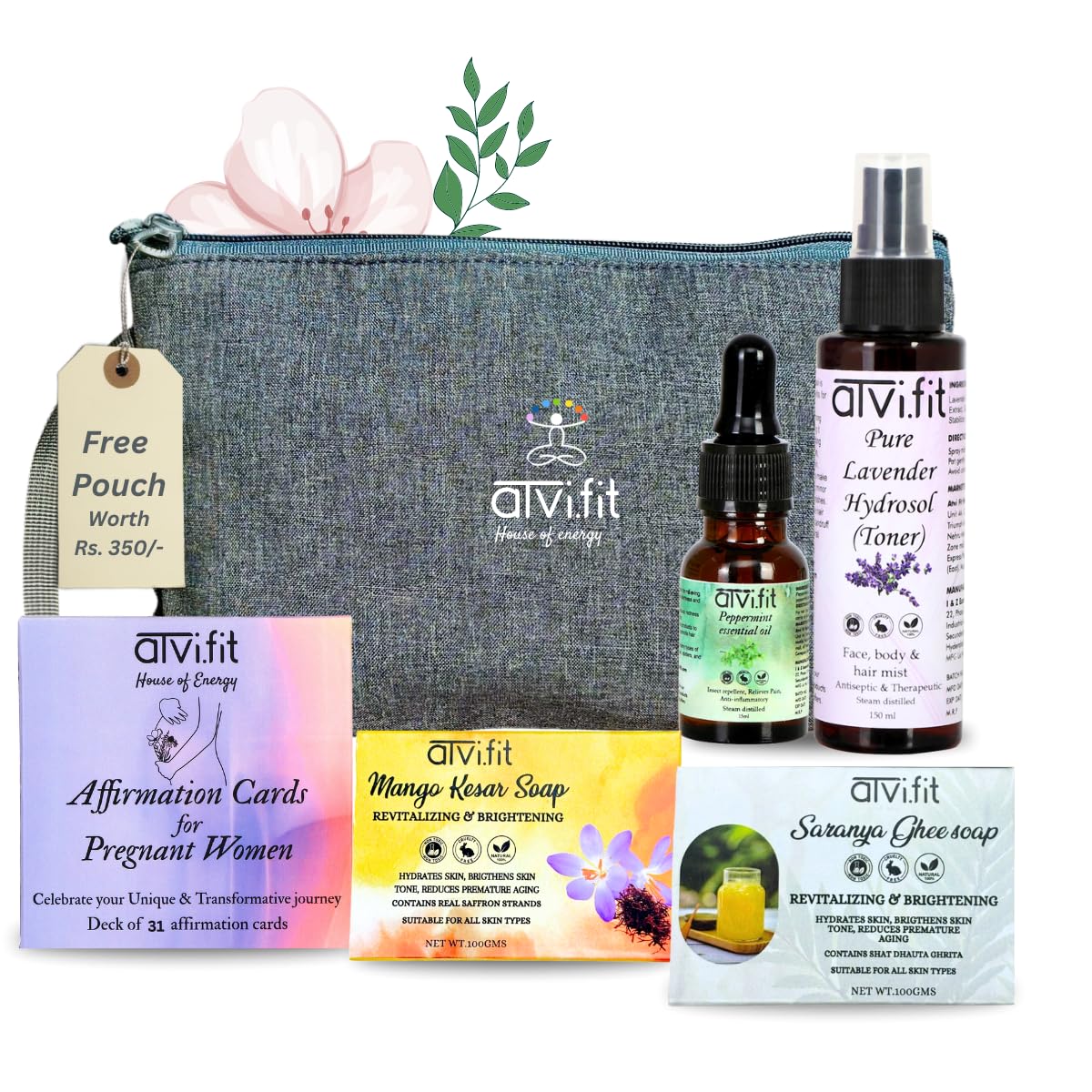 Atvi.fit Special Combo with free Pouch | Revitalizing and brightening organic Mango Kesar soap 100gm,Positive Affirmation cards for Pregnant Women,Lavender Hydrosol 150ml,Peppermint Essential Oil 15ml,Saranya ghee soap made with Shat dhaut ghee 100gm