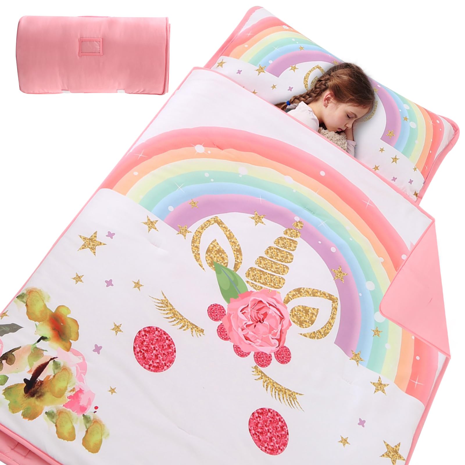 Wowelife Nap Mat for Toddlers, Kids Nap Mats with Pillow and Blanket, Girls Toddler Nap Mat, Pink Unicorn Kids Sleeping Bags, for Preschool Daycare, Carry Handle with Straps Closure, 50 * 20 inch