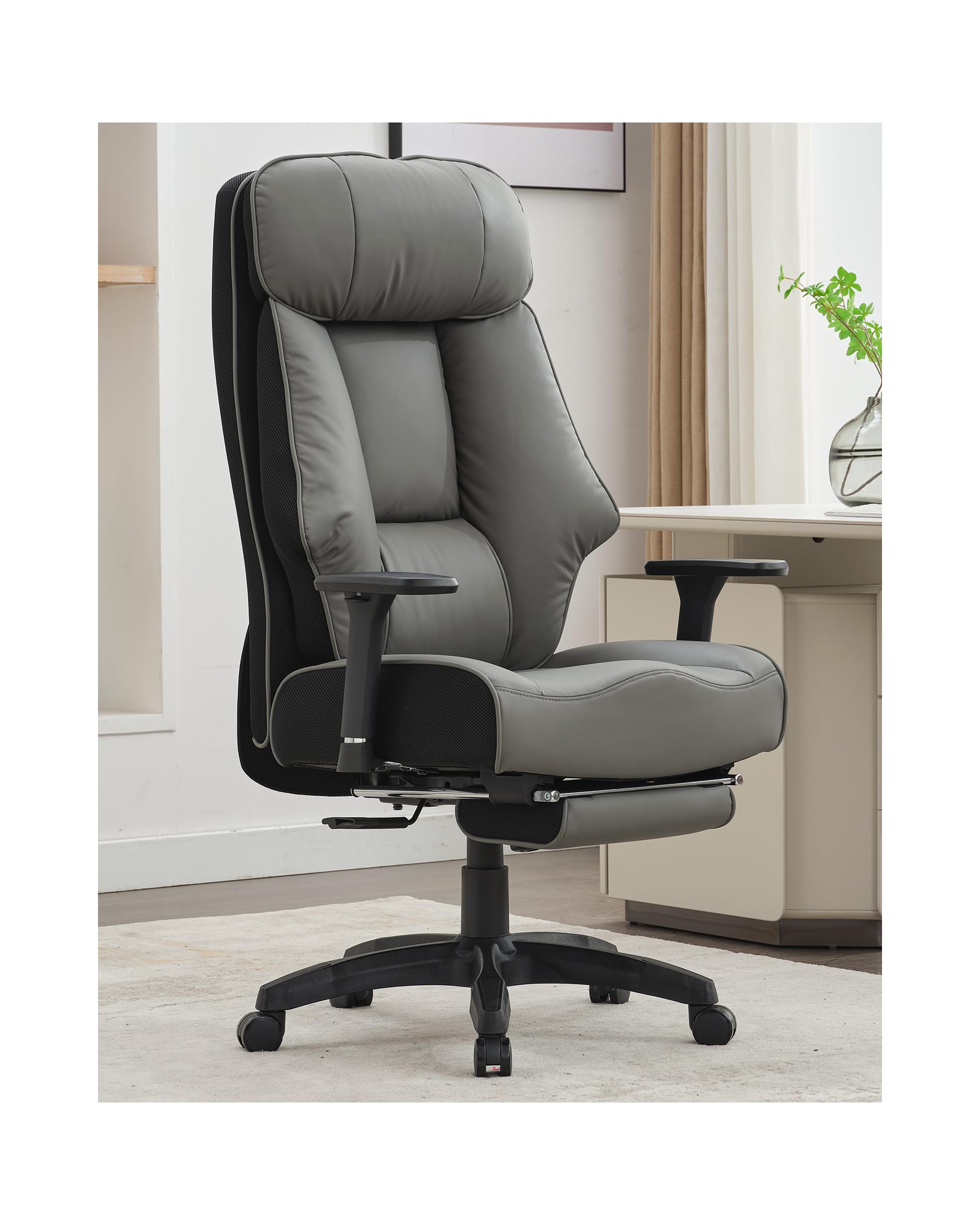 Big and Tall Office Chair 400lbs, Executive Office Chair with Foot Rest, High Back Office Chair with Back Support, Oversized Office Chair for Heavy People, Leather Office Chair Dark Gray