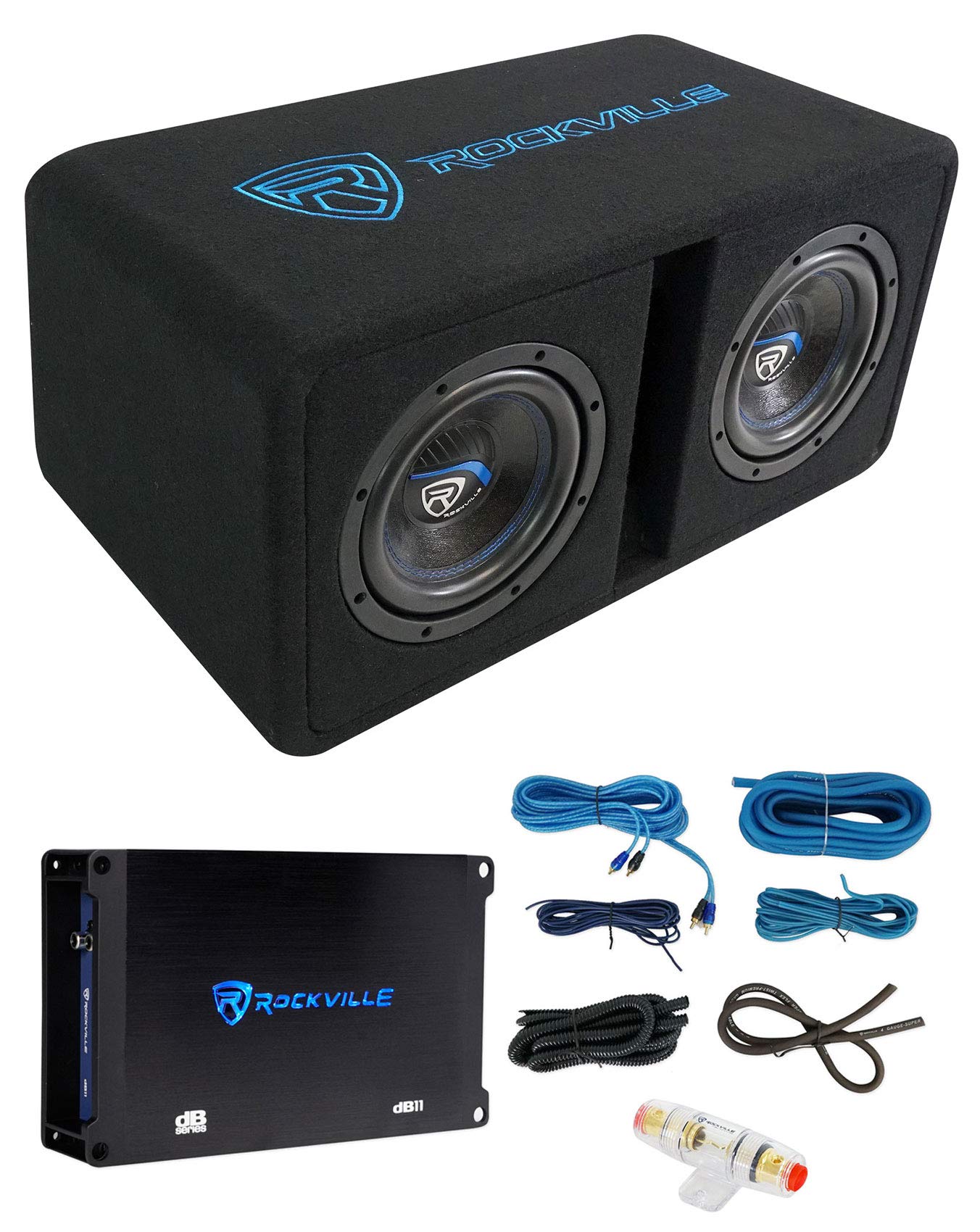 Rockville DK58 PACKAGE Dual 8" 1600w Loaded K5 Car Subwoofer Enclosure+DB11 Amp, Black