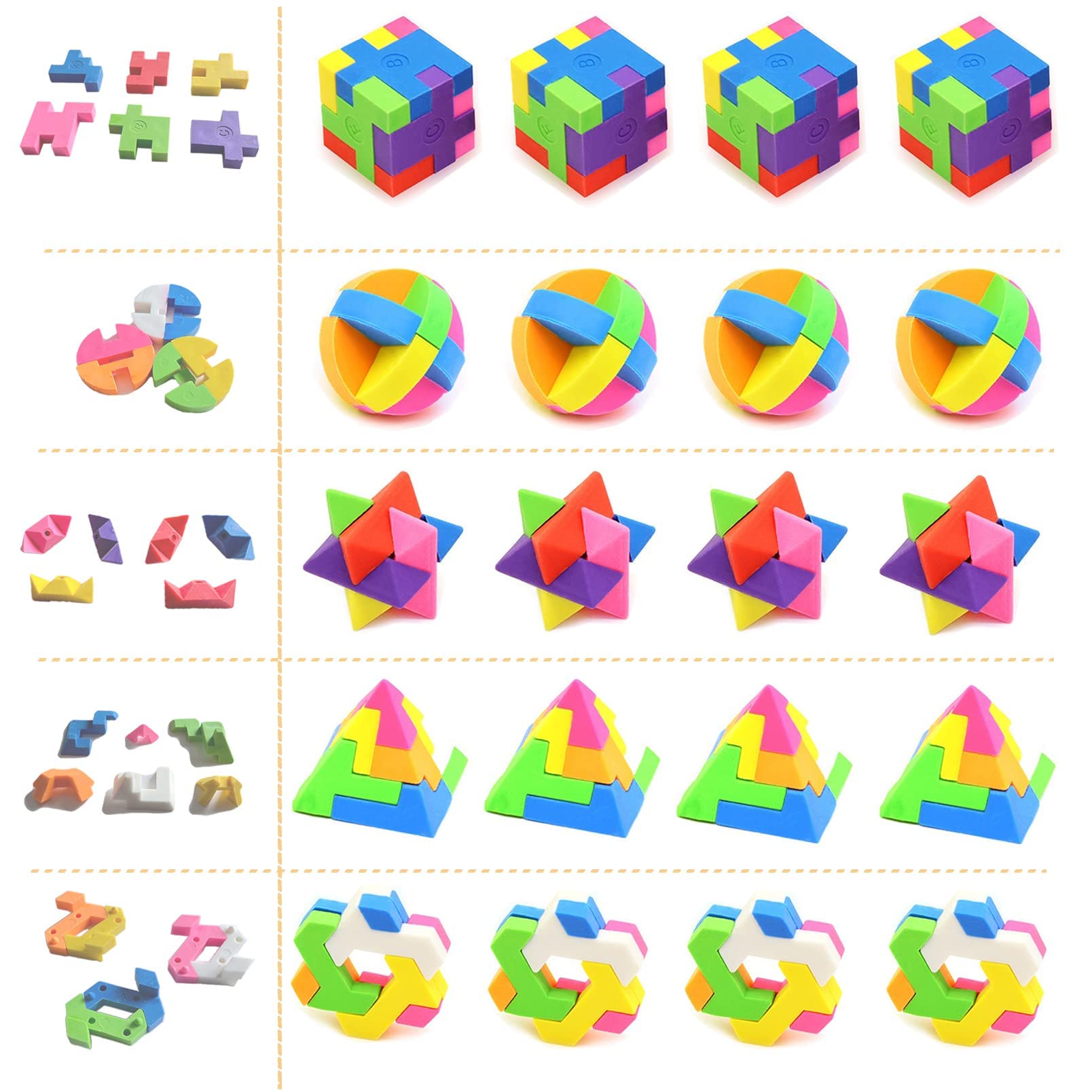 MAKINGTEC Erasers for Kids, 20 PCS Cube Puzzle Rubber, Perfect as Erasers for School, Party Bag Fillers for Kids, Gaming Party Bag Fillers and Kids' Party Favours (Contains 5 Shapes)