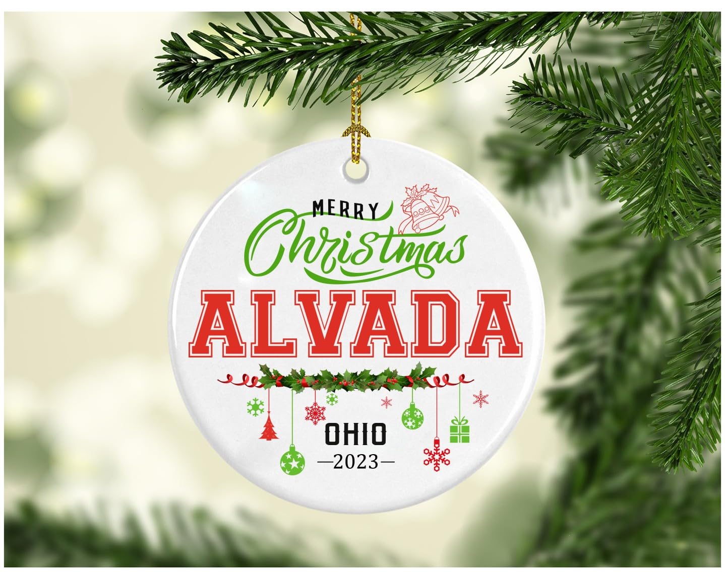 GenericChristmas Decorations Tree Ornament 2023 Gifts Hometown City State - Merry Christmas Alvada Ohio Gift for Family Rustic 1St Xmas Tree in Our New Home 3 Inches White