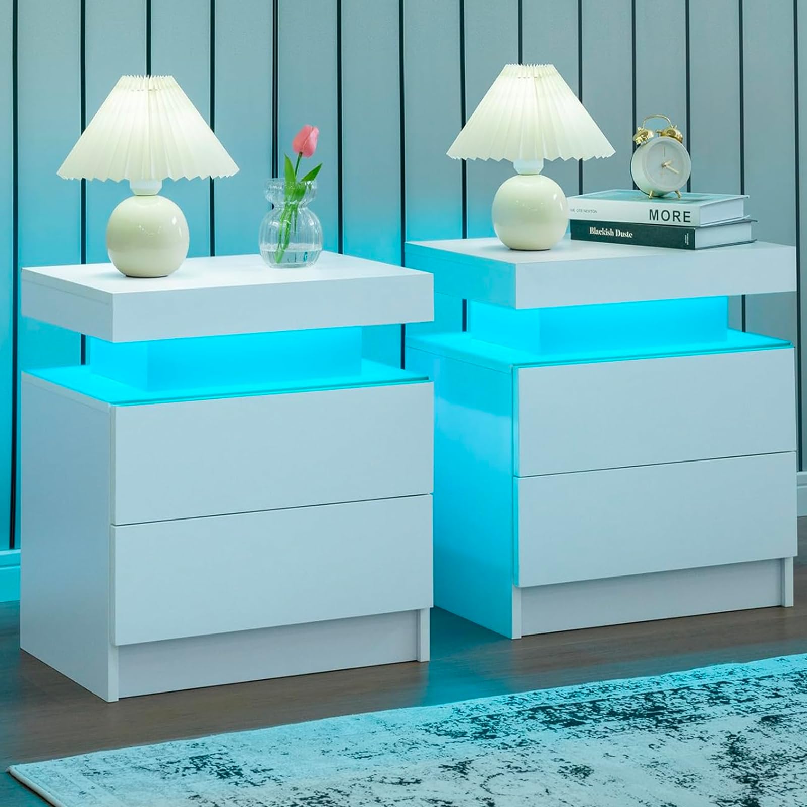 Nightstand Set of 2 LED Nightstand with 2 Drawers, Bedside Table with Drawers for Bedroom Furniture, Side Bed Table with LED Light, White