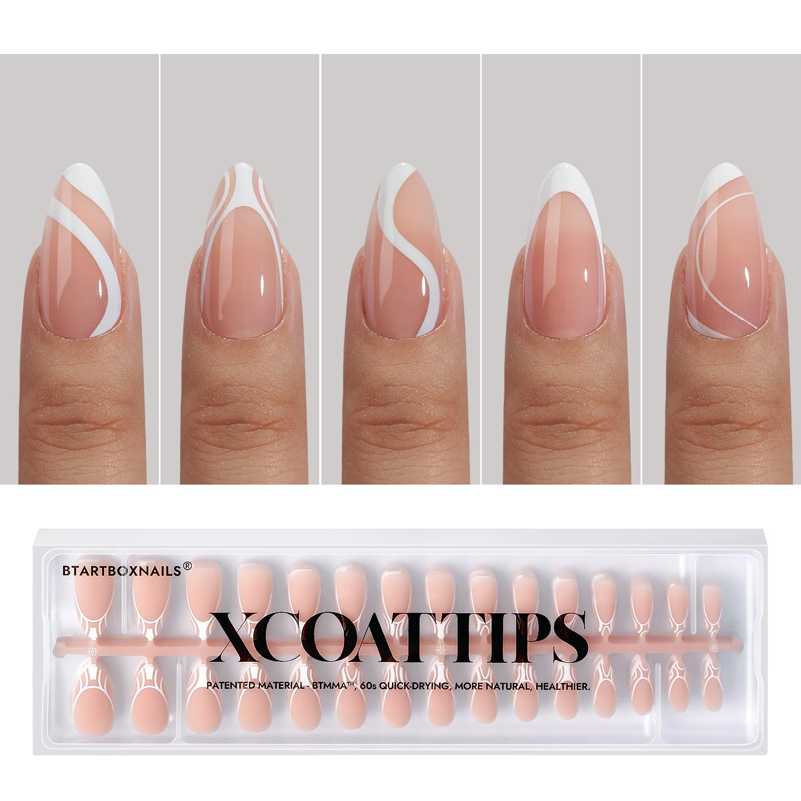 BTArtboxXCOATTIPS French Gel Nails - 5 Styles French Tip Press on Nails Almond, Pre-Designed Swirl Nail Tips, Soft Gel Nails False Nail, Soak Off Acrylic Fake Nails Extensions for Mother's Day Gift