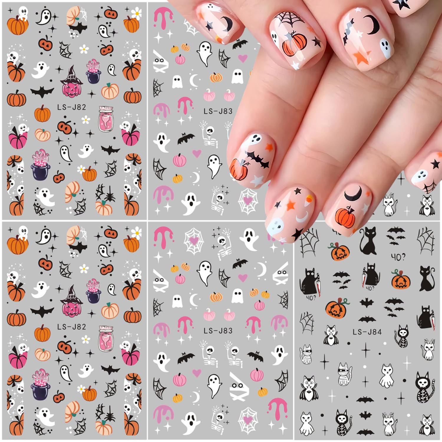 6 Sheets Halloween Nail Art Stickers Cute Ghost Nail Decals Pumpkin Skull Spooky Nail Design Decals Horror Bloody Gothic Nail Stickers for Women Girls Nail Art Decoration Charms