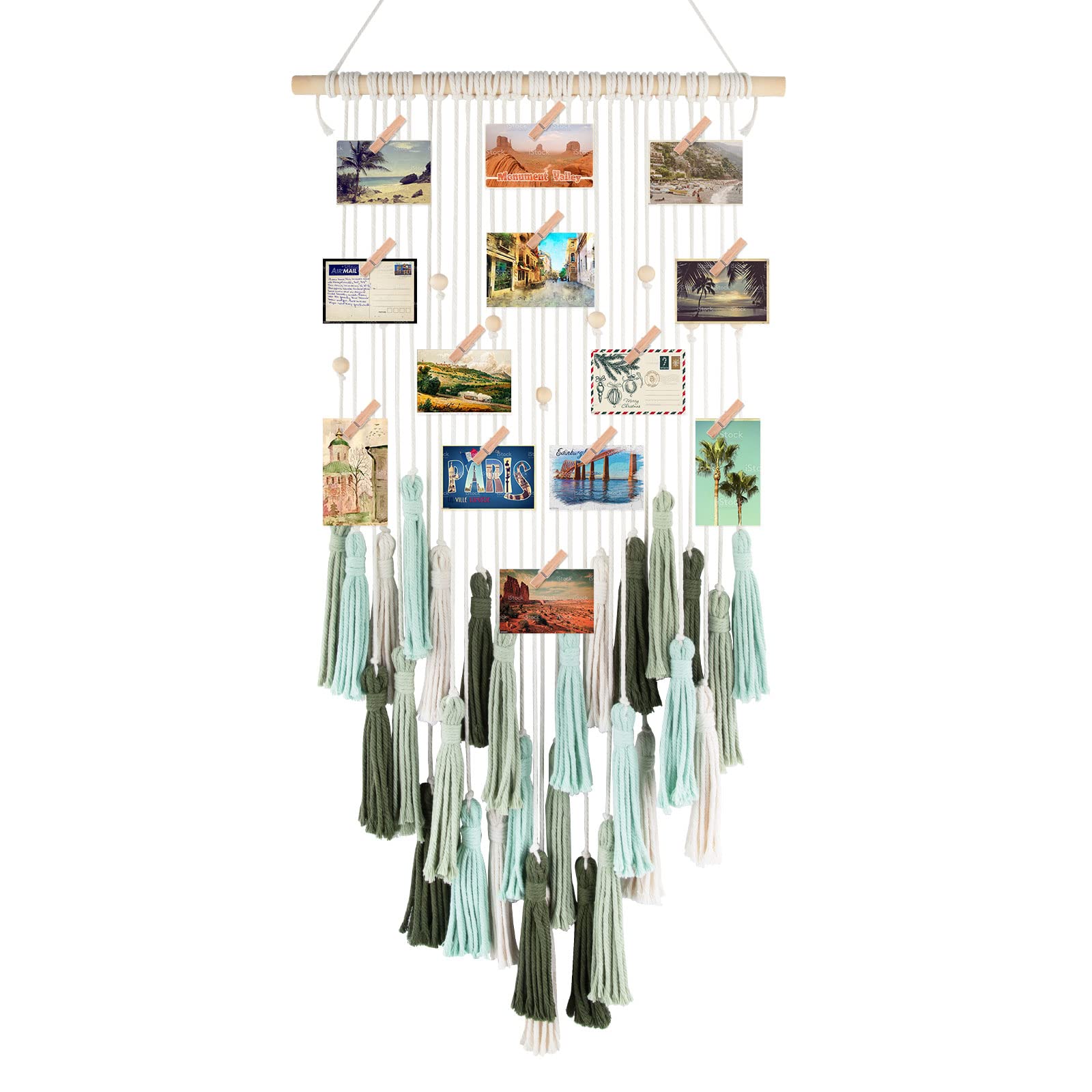 ANROYE Boho Hanging Photo Display with Clip, Macrame Picture String Tassel Hanger for Art Wall Decor, Bohemian Polaroid Holder for Home Bedroom College Dorm Room, Aesthetic Gift for Teen Girls Women