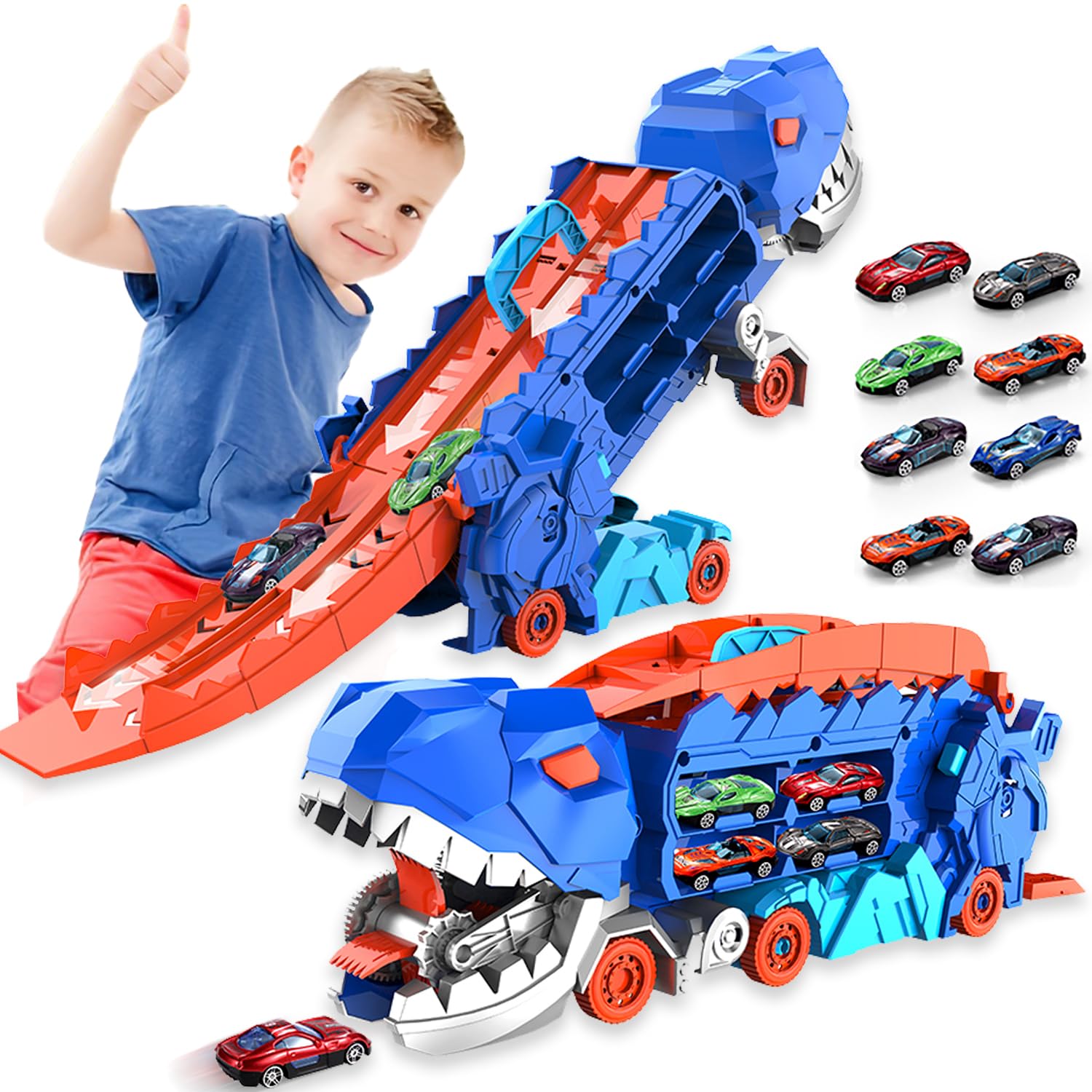 City Dinosaur Ultimate Hauler Track Toy for Boys, Transforms into Stomping Dinosaur with Race Track Ultimate Transporter Hauler Christmas Toys Gifts for Kids Ages 3 4 5 6 Years Old(4 Cars)