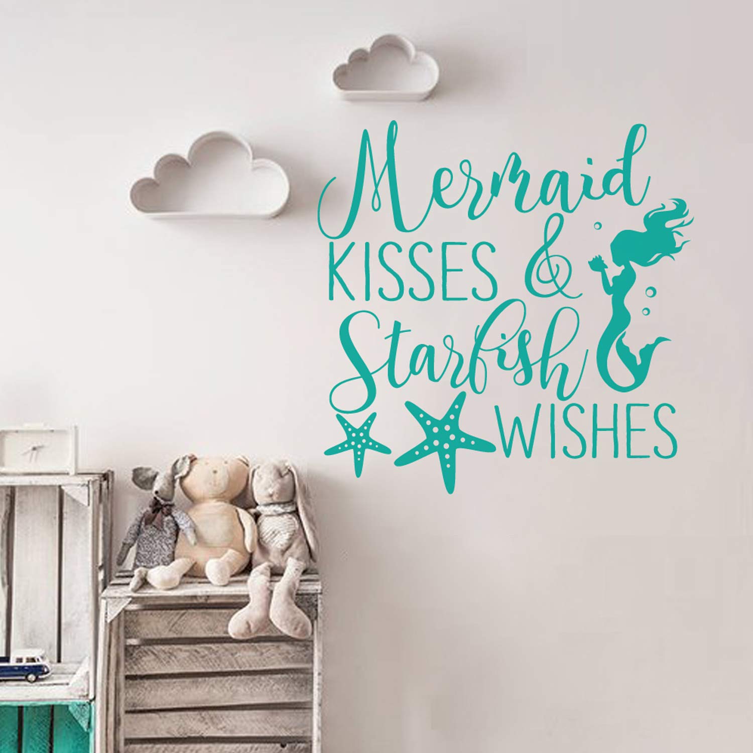 Quote Wall Decals Mermaid Kisses and Starfish Wishes Decal Mermaid Wall Art Sticker Girls Room Decor (Teal,16" h x 16" w)