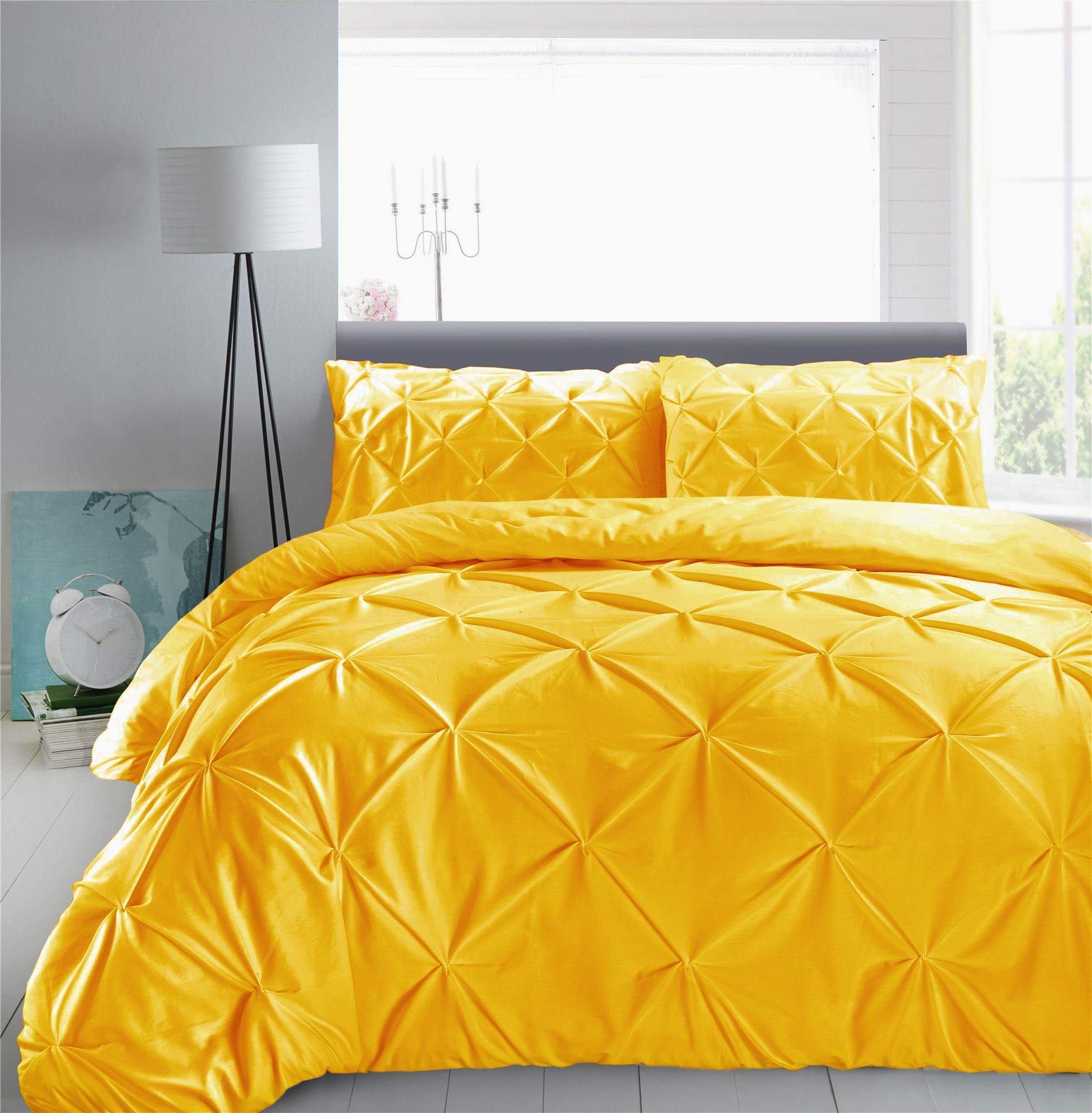 Hotel Quality Vintage Pintuck Diamond Pinch Pleat Puckering 200 Thread Count 100% Cotton Percale Quilt Cover Bedding Set (Yellow, Single Duvet Cover Set)