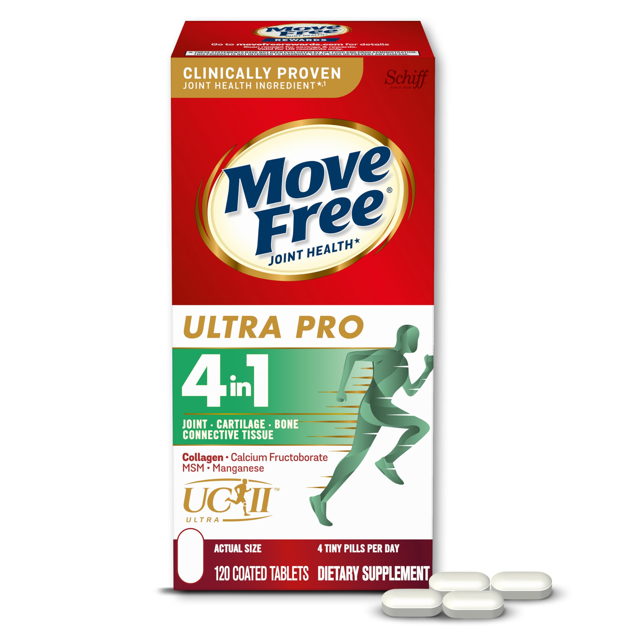 Move Free Ultra Pro with Quadruple Action Joint Support - Type 2 Collagen MSM Calcium Fructoborate & Manganese - Supports Joint Cartiliage Bone Connective Tissue, 120 Tablets (30 servings)