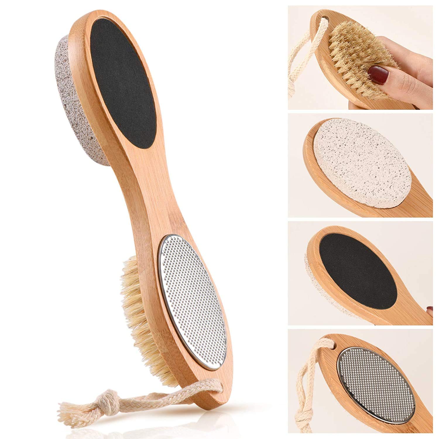 KASTWAVE Foot File Callus Remover, Multi-purpose 4 in 1 Feet Pedicure Scrubber Exfoliator Tools with Foot Care Bristle Brush, Pumice Stone, Mental Foot Rasp, Sand Paper and Bamboo Handle - 1Pcs