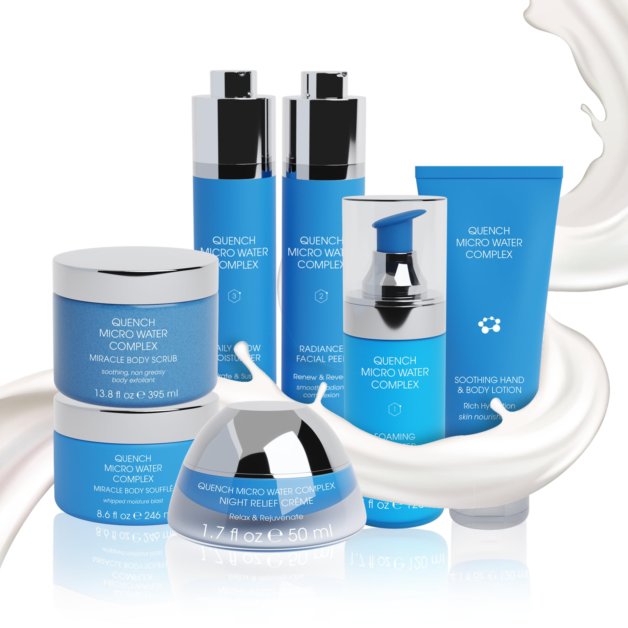 Quench 7 Piece Skincare Set - Japanese Onsen Volcanic Hydration and Anti Aging Skin Care Set with Cleanser, Facial Peel, Moisturizer, Night Cream