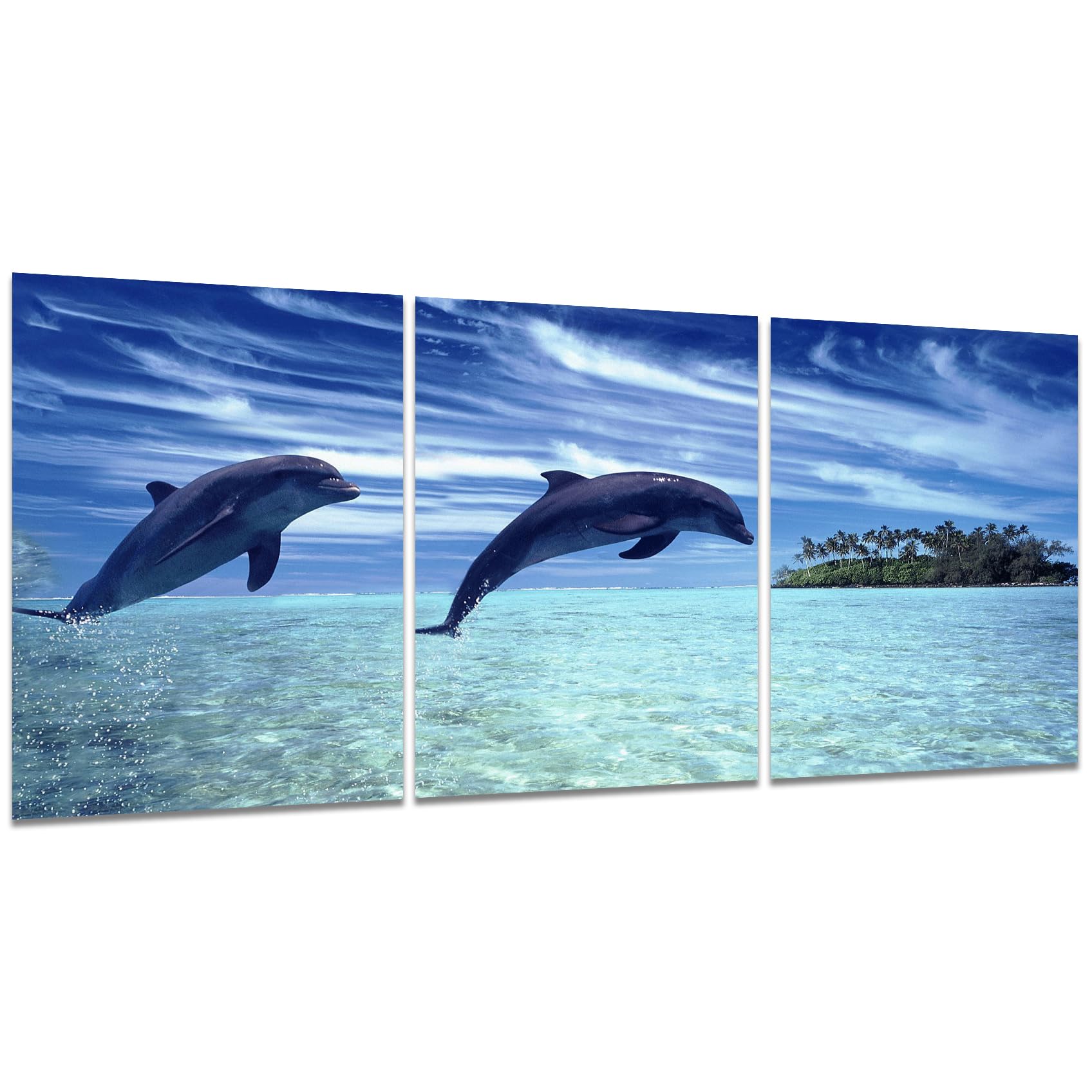 Blue Dolphin Canvas Wall Art - 3 Pieces Blue Sky Beach Seascape Ocean Wall Painting on Canvas Poster Print for Home Kitchen Bathroom Teen Girls Wall Pictures for Living Room Decor 12x16inch Unframed (12x16inchx3pcs Unframed)