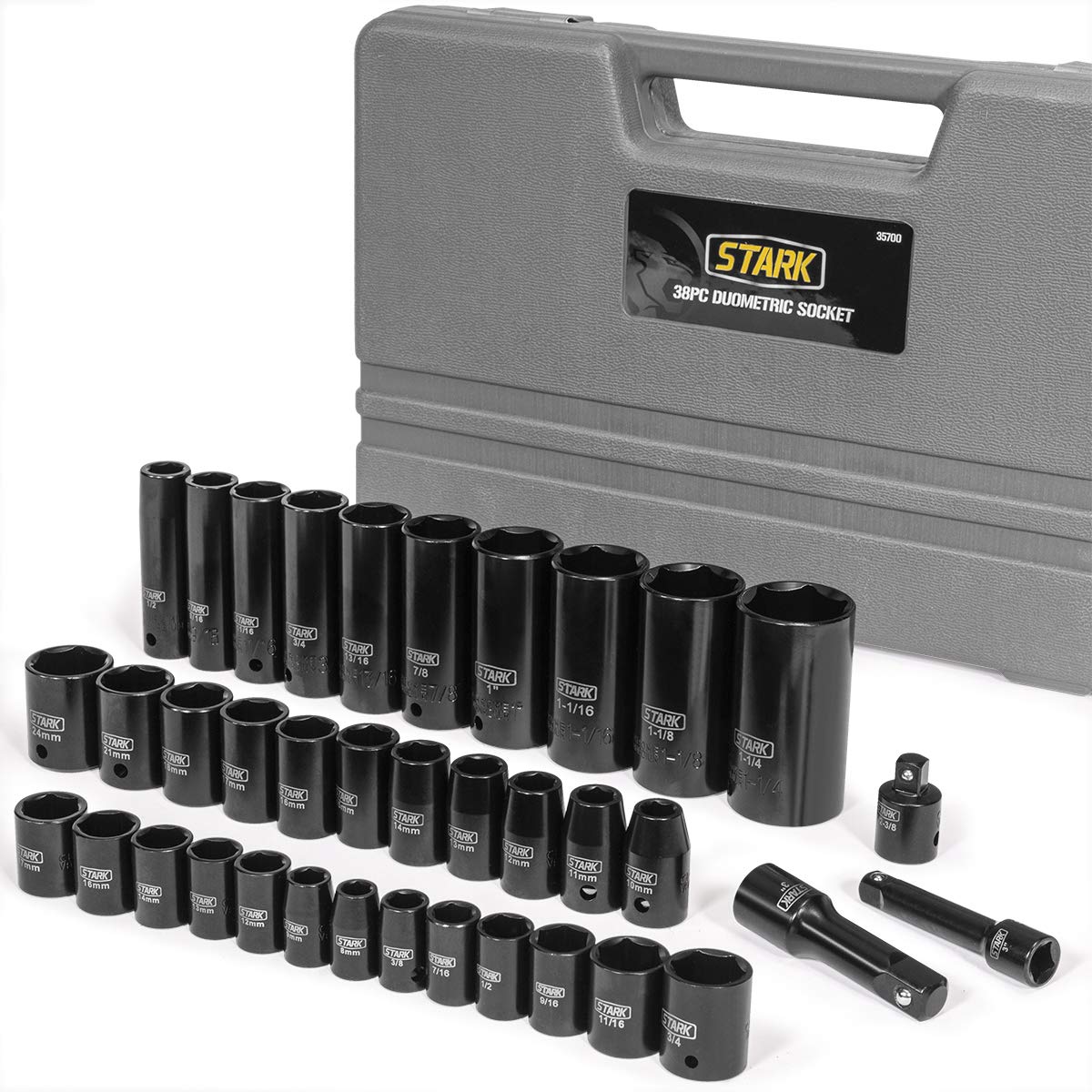 Stark USA 3/8" and 1/2" Drive Master Impact Socket Set, 38 Piece Deep and Shallow Assortment | Standard SAE (Inch) and Metric (mm) Sizes | Cr-V Steel