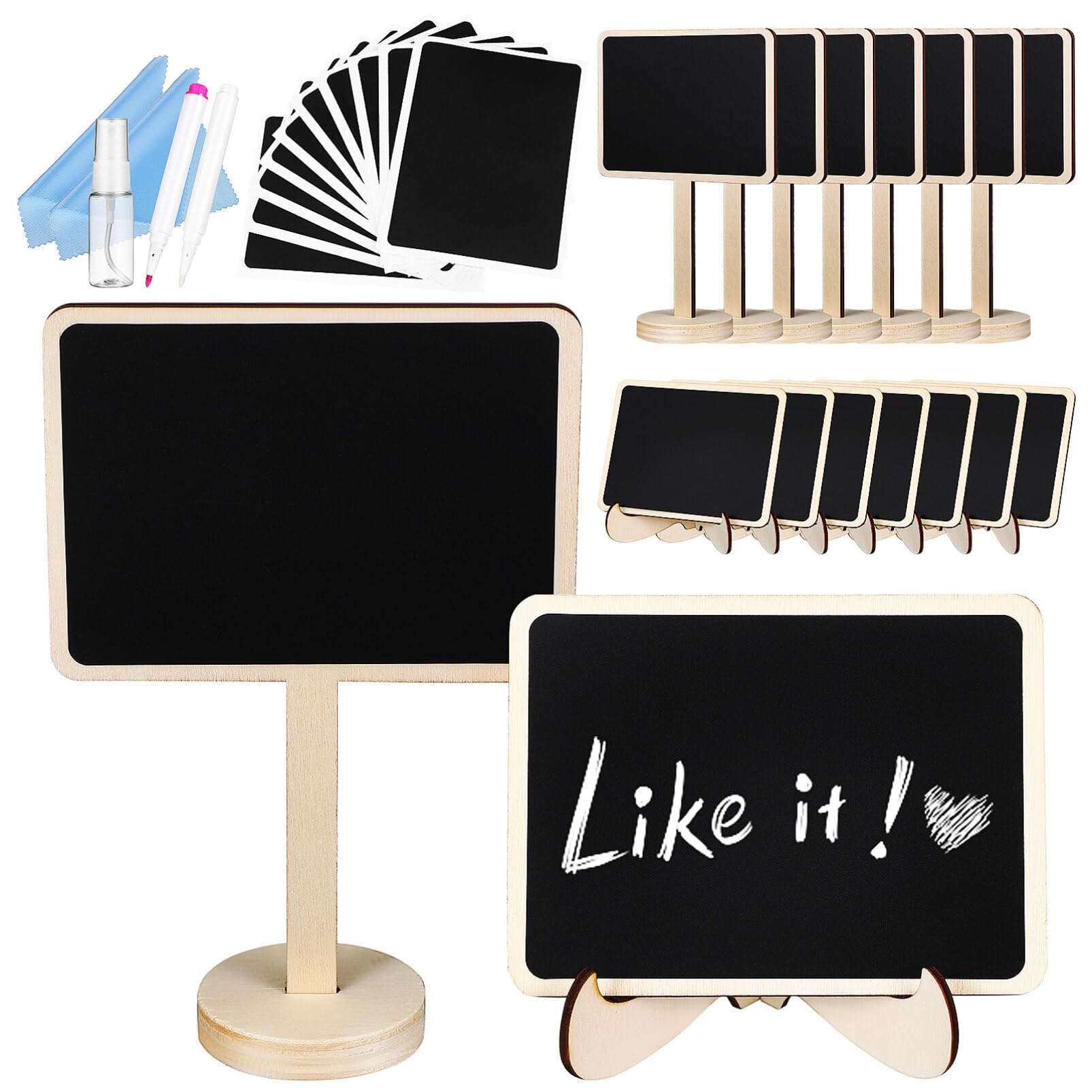 Tofficu20 Pcs Mini Chalkboard Signs with Easel Stand Small Wooden Chalkboard for Party Buffet Weddings Message Board Signs，Includes Liquid Chalk Pen Replacement Sticker Spray Bottle Cloth