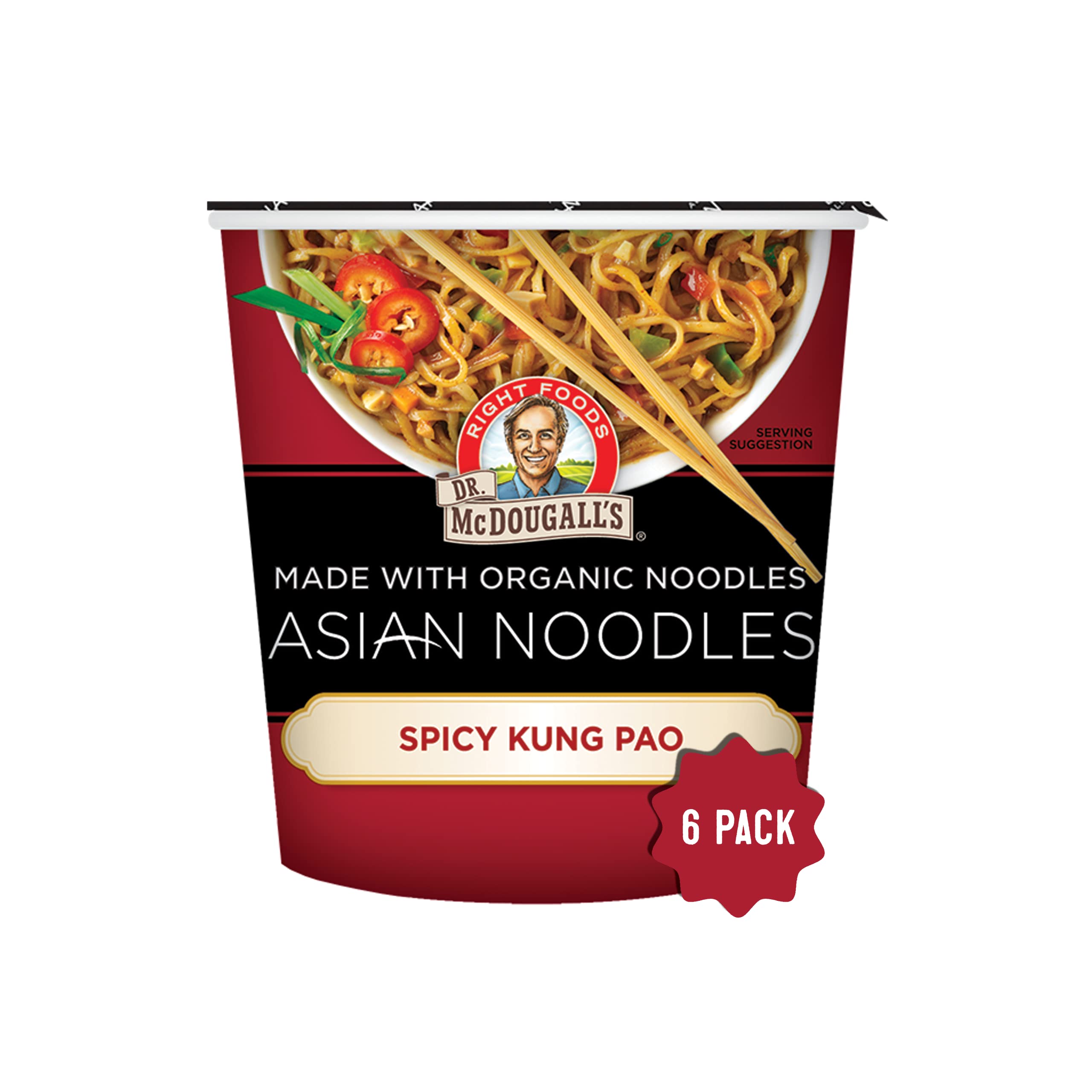 Dr. McDougall's Spicy Kung Pao Noodle - Organic Asian Spicy Noodles - Vegan Ramen Noodles - Instant Ramen Noodle Cups - Vegetarian Ramen - Hot Noodles - 2 oz. - Pack of 6