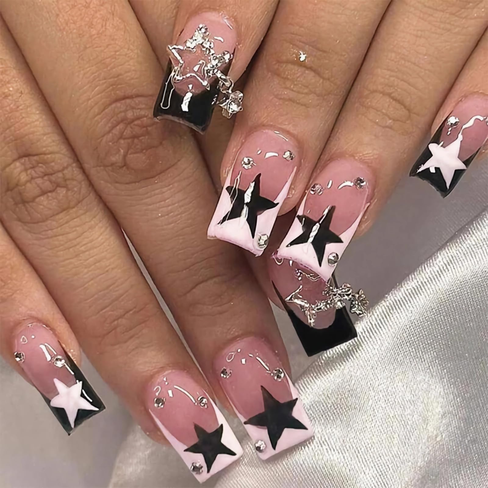 BABALAL French Tip Press on Nails Medium Square Fake Nails Black Pink Glue on Nails 3d Star Charm Acrylic Nails 24Pcs Rhinestone Squoval Artificial Cute False Nails for Women and Girls