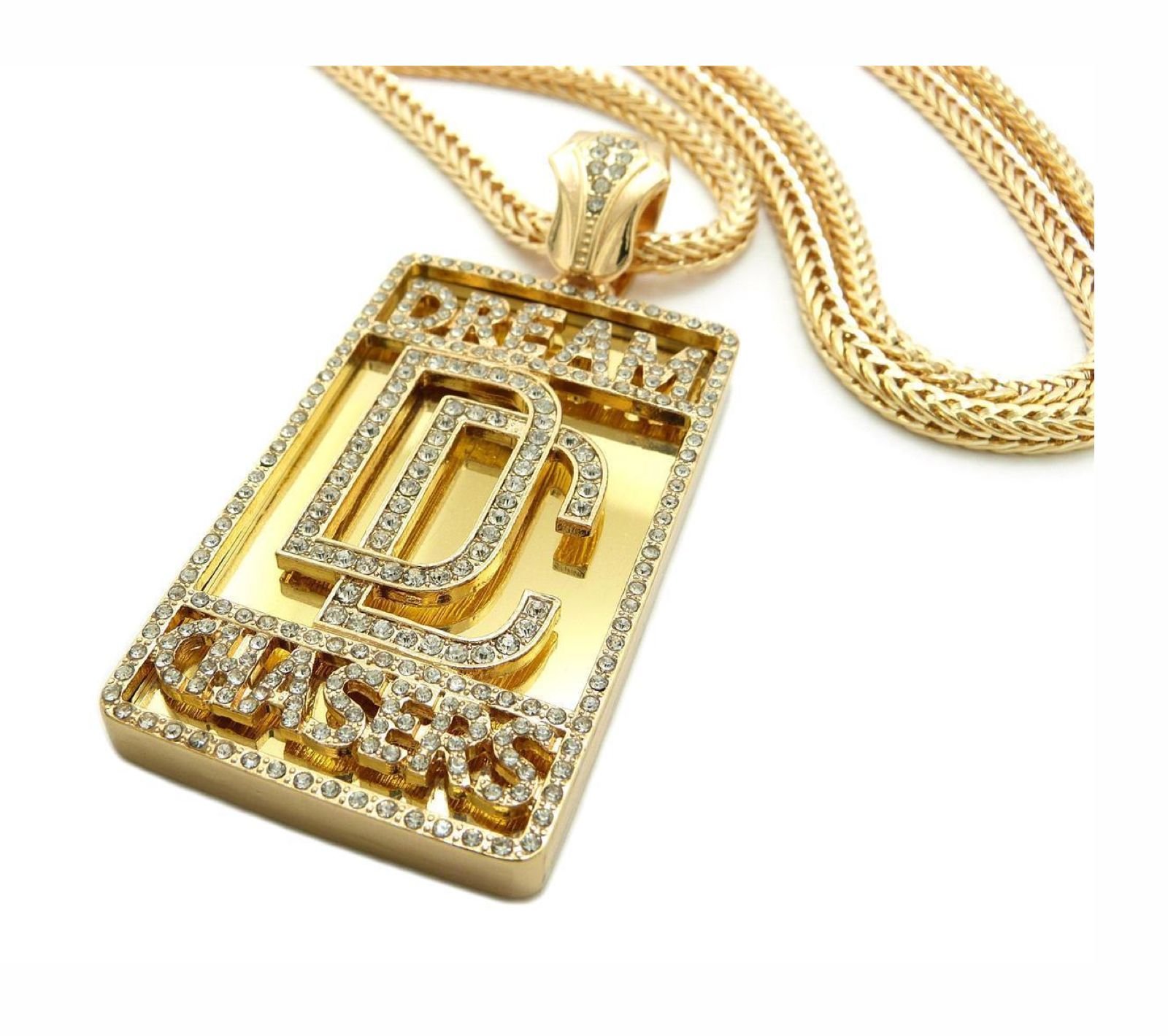 Mens Dream Chaser ICED Out Hip HOP CZ Pendant Franco OR Cuban Chain Necklace Set