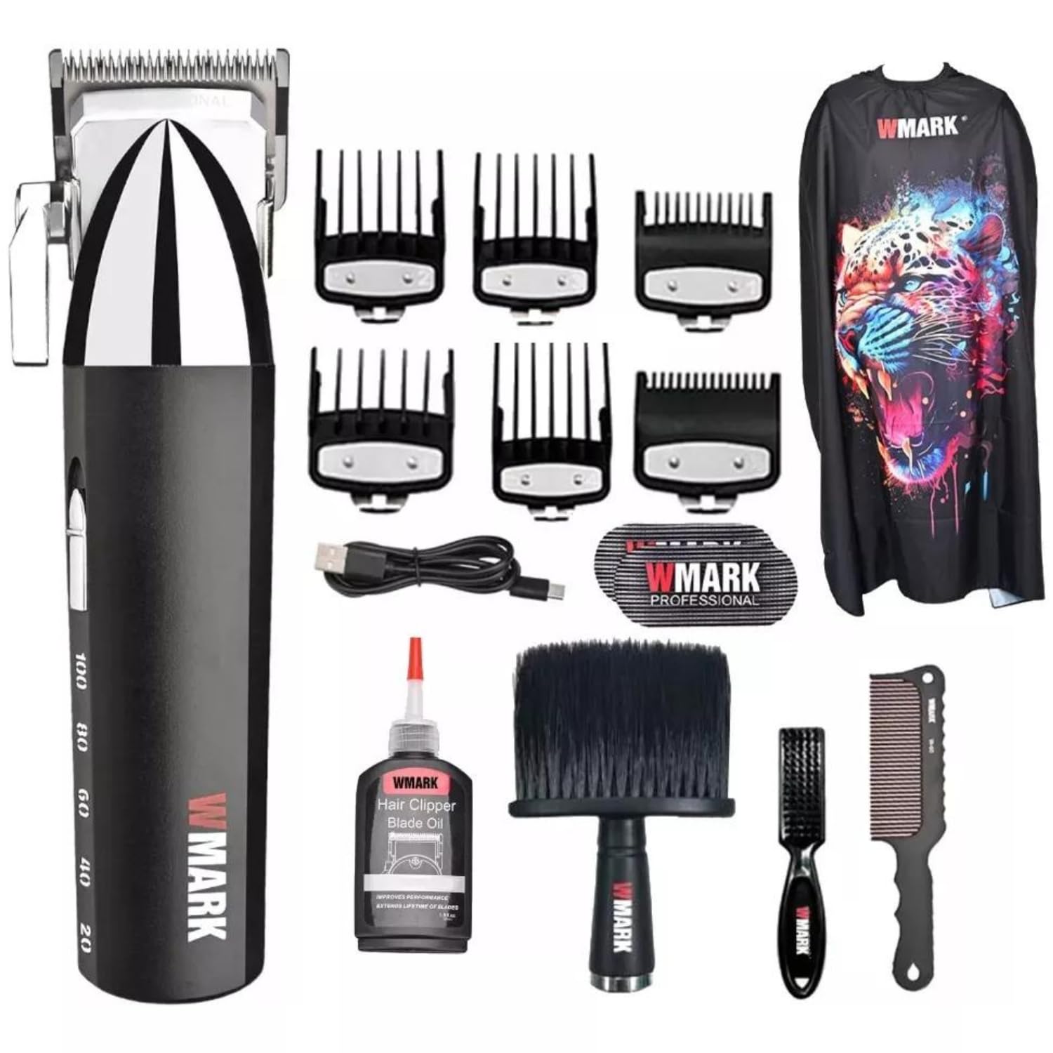 WMARK NG-2039 Ultra Premium Professional 9000 RPM 2 Speed Hair Clipper Set Zinc Alloy Body Digital Display 6 Guide Comb Taper Lever Cutting Cape Cleaning Brush Hair Brush Hair Sticker 180 min, Black